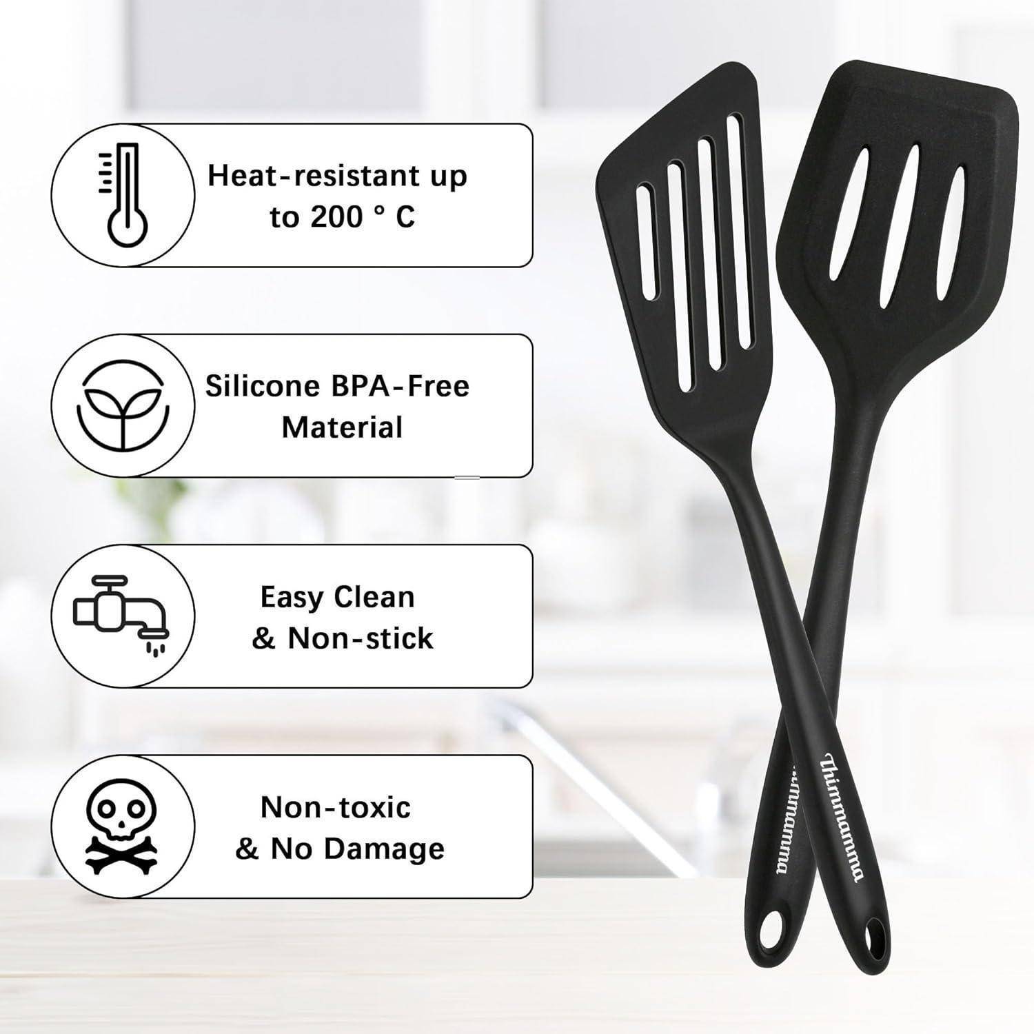 Pfannenwender Set hitzebeständig Schwarz 34cm - Spatel Küchenhelfer