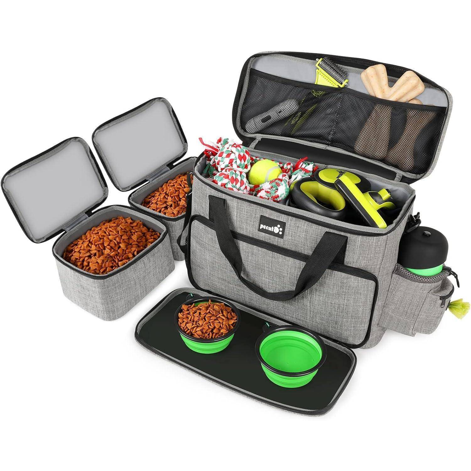 Hundereisetasche Groß mit Hundenäpfen und Aufbewahrungstaschen Grau