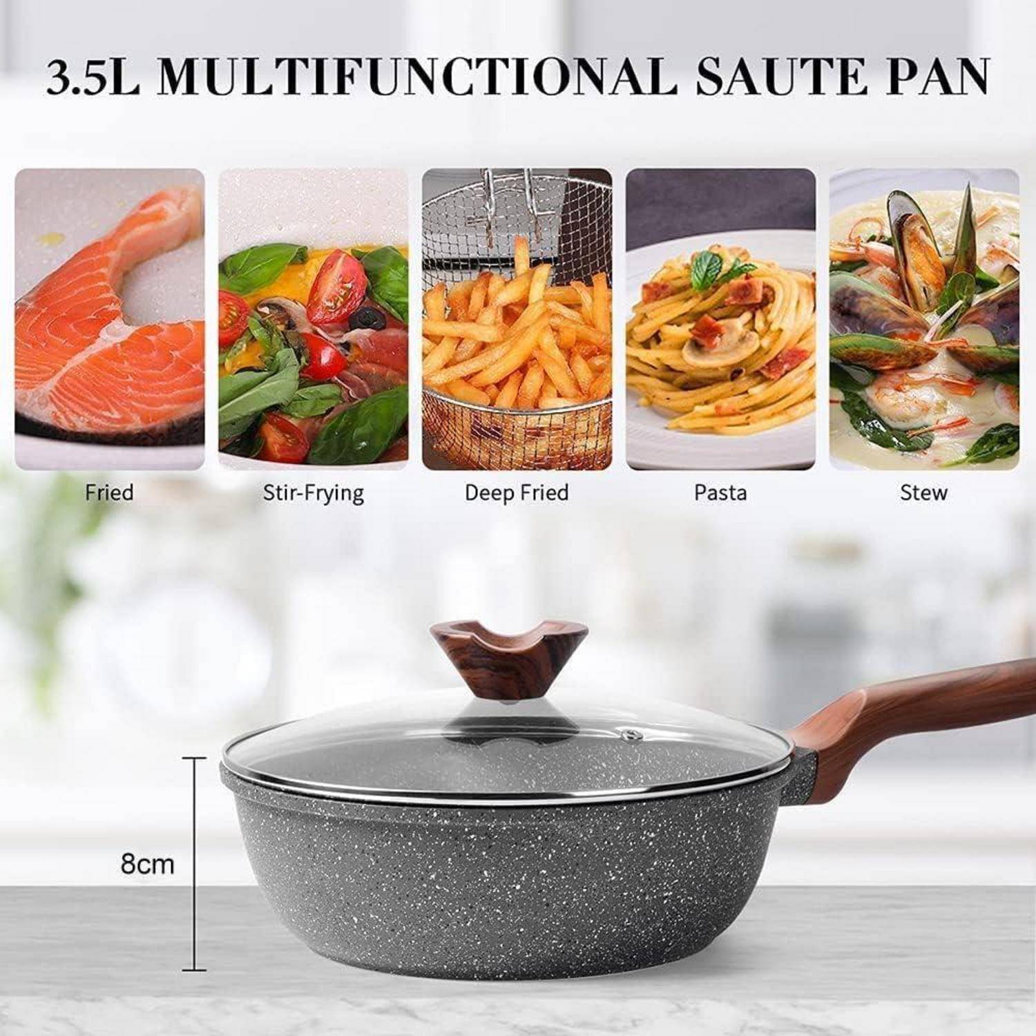 Multifunktionale Sautépfanne mit Holzgriff und Deckel, geeignet zum Braten, Anbraten, Frittieren, Kochen von Nudeln und Schmoren.