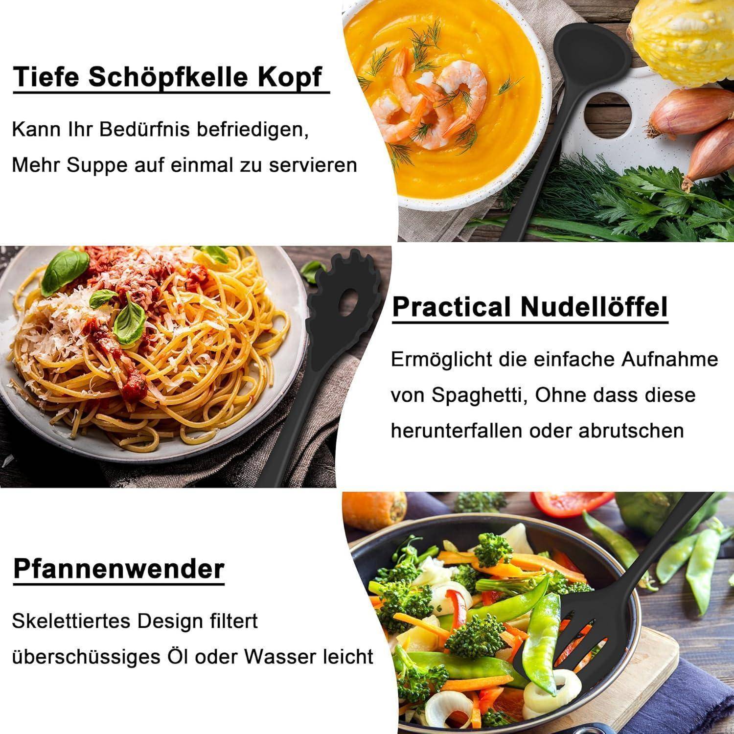 25-tlg. Silikon Küchenutensilien Kochbesteck Set Schwarz antihaft