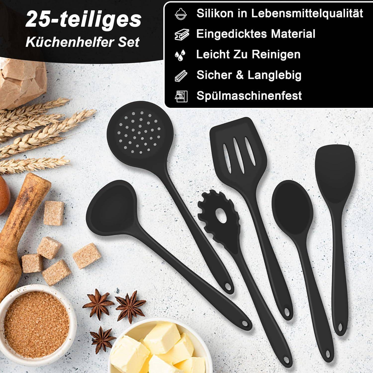 25-tlg. Silikon Küchenutensilien Kochbesteck Set Schwarz antihaft