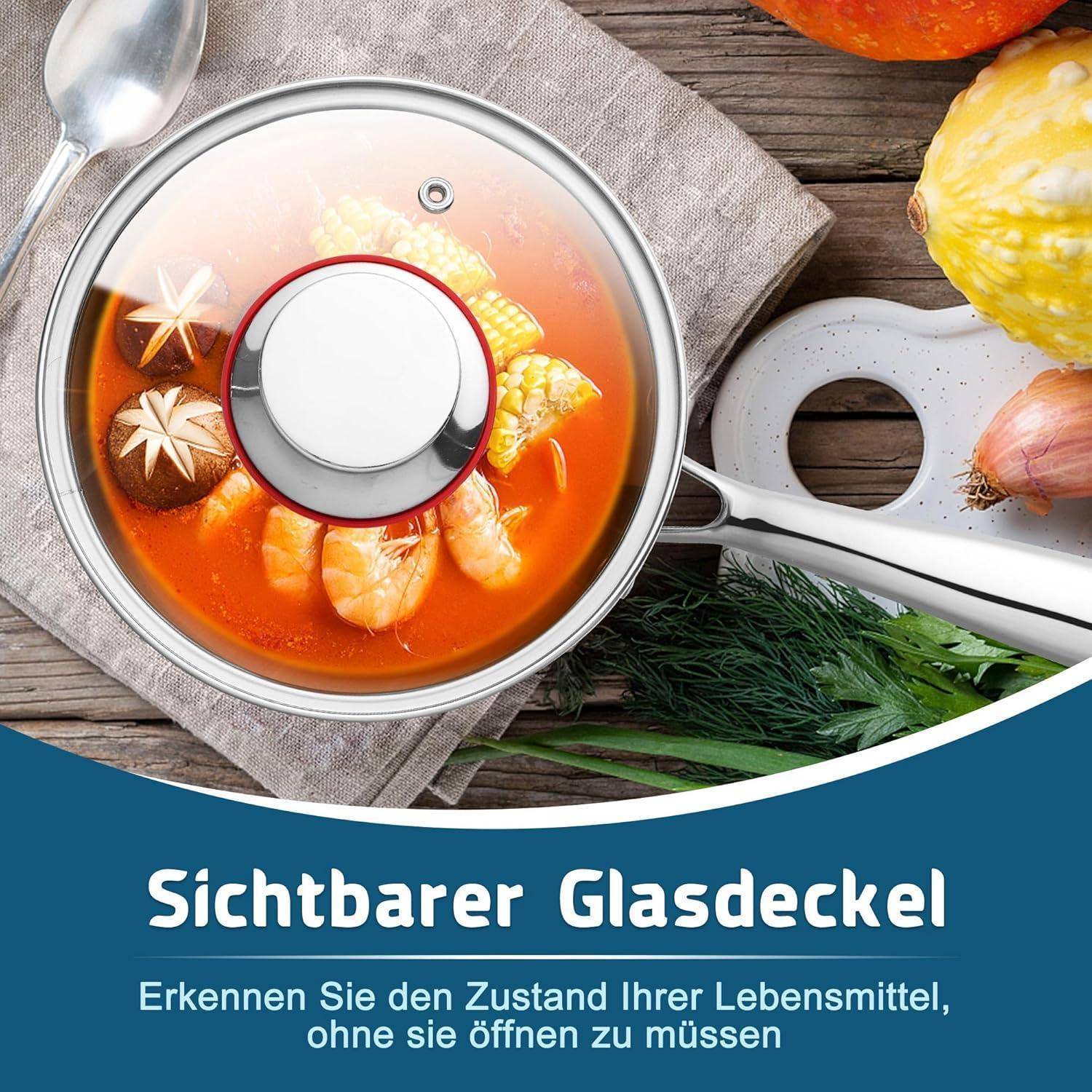 Ein Topf mit Suppe, bedeckt mit einem transparenten Glasdeckel. Verschiedene Zutaten wie Zwiebeln und Mais sind zu sehen. Text auf Deutsch lautet: 'Sichtbarer Glasdeckel. Erkennen Sie den Zustand Ihrer Lebensmittel, ohne sie öffnen zu müssen.