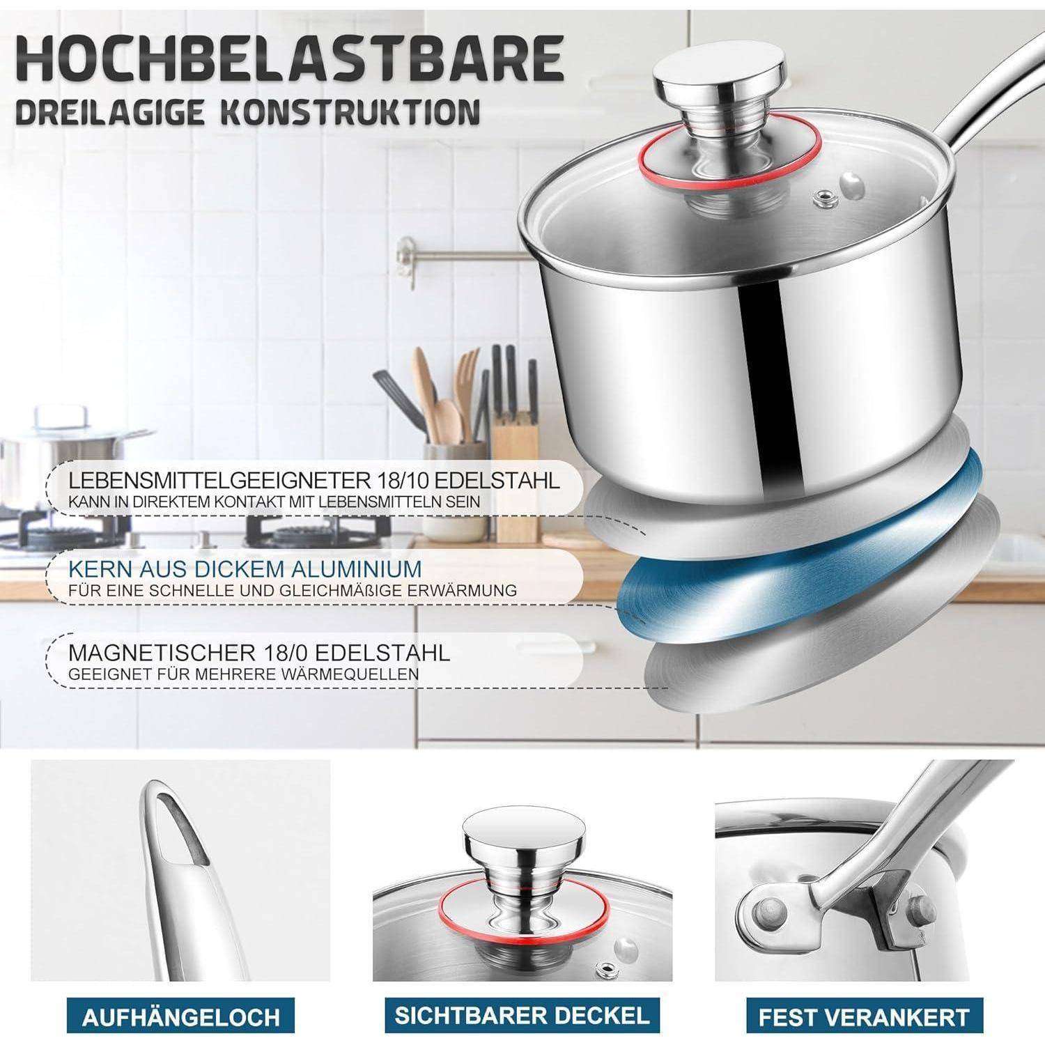 Ein Bild, das einen Edelstahlkochtopf mit beschrifteten Merkmalen zeigt, einschließlich „lebensmittelechter Edelstahl 18/10