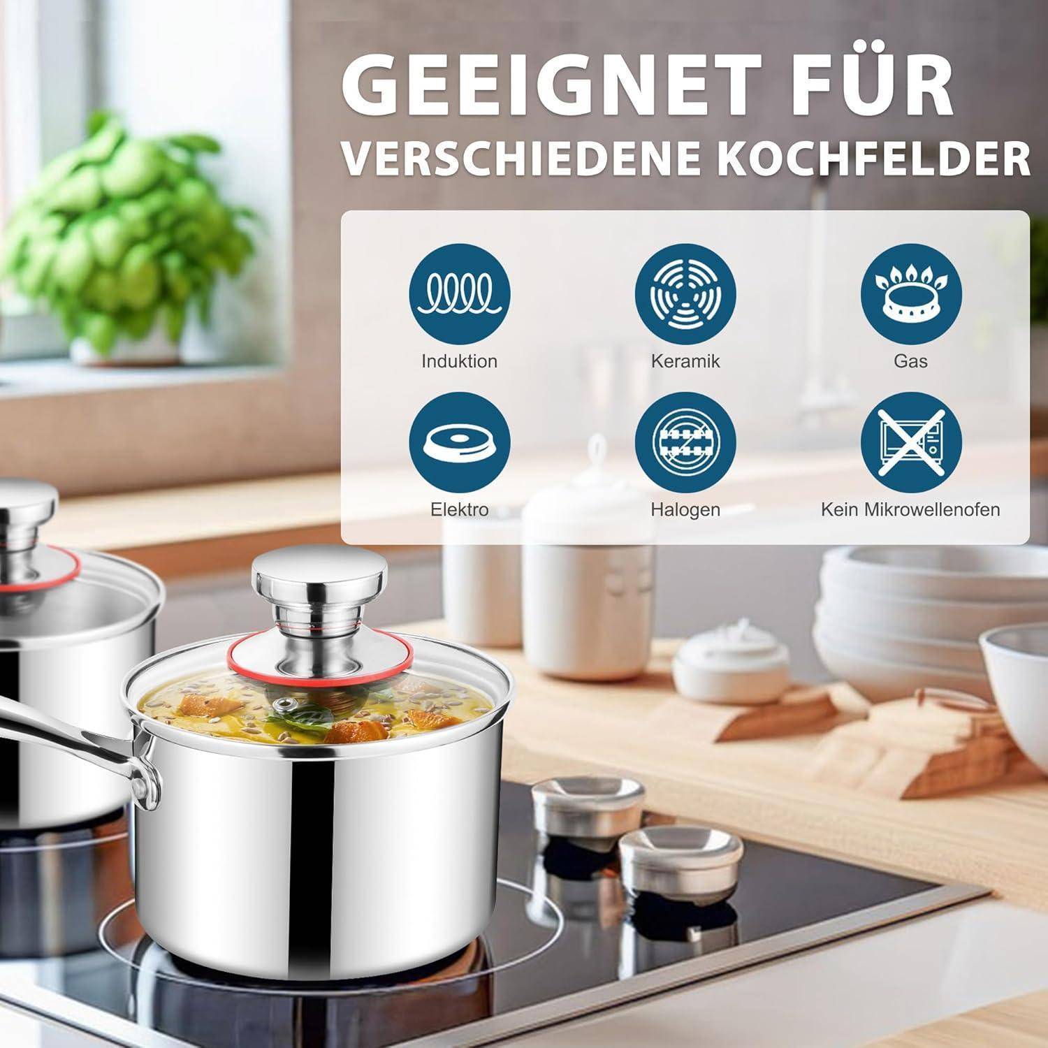 Ein Edelstahlkochtopf mit Glasdeckel, der auf einem Induktionsherd kocht. Text darüber liest: 'Geeignet für verschiedene Kochfelder: Induktion, Keramik, Gas, Elektro, Halogen; nicht für Mikrowelle.