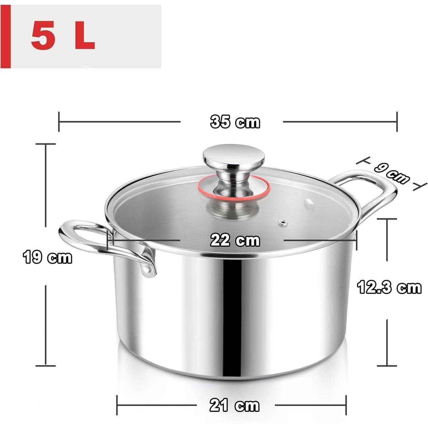 Edelstahl Kochtopf Induktion Glasdeckel Ø 22cm 5L Suppentopf