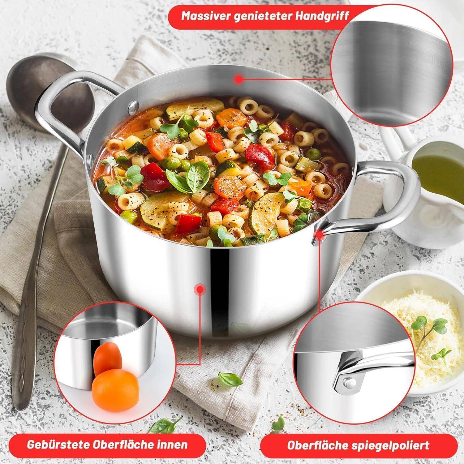 Stahlkochtopf mit Tomaten-Nudelsuppe und Gemüse, ausgestattet mit solidem genietetem Griff, gebürstetem Innenbereich. Einblendungen zeigen die polierte Oberfläche.