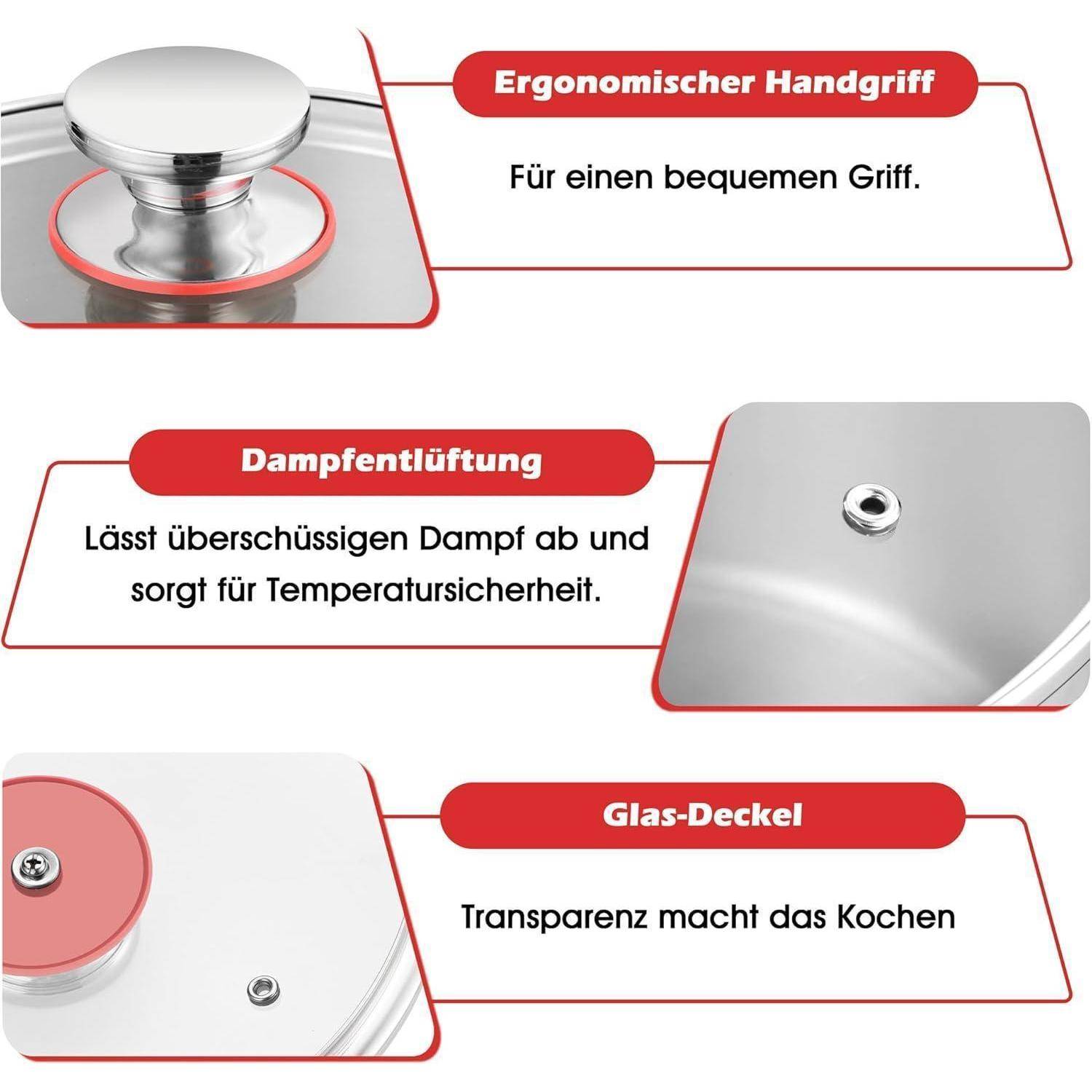 Ergonomischer Handgriff' verfügt über einen ergonomischen Griff für Komfort. 'Dampftentlüftung' lässt Dampf sicher entweichen. 'Glas-Deckel' gewährleistet Sichtbarkeit während des Kochens.