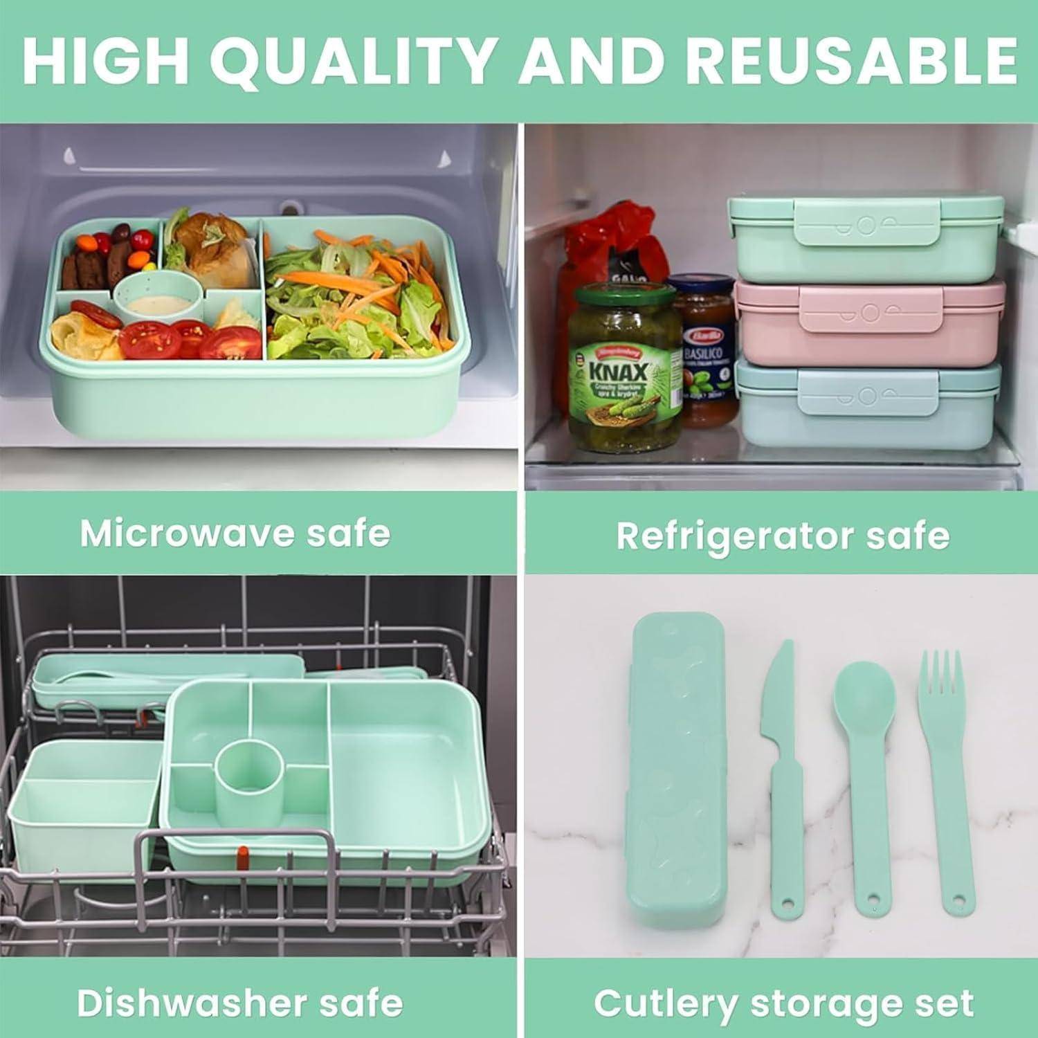 Bento-Lunchboxen, die im Kühlschrank und Geschirrspüler gezeigt werden. Mit Aufschriften: 