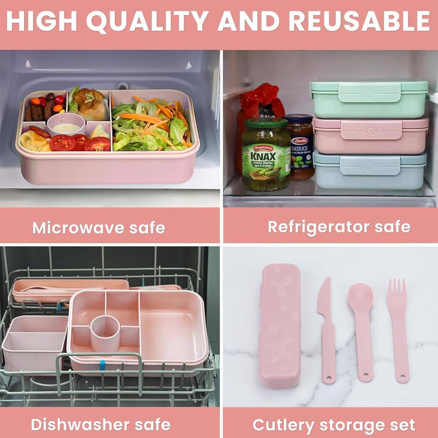 Hochwertige und wiederverwendbare Lebensmittelbehälter in Rosa, dargestellt in einer Mikrowelle, einem Kühlschrank, einer Spülmaschine und mit passendem Besteck-Set in Rosa.