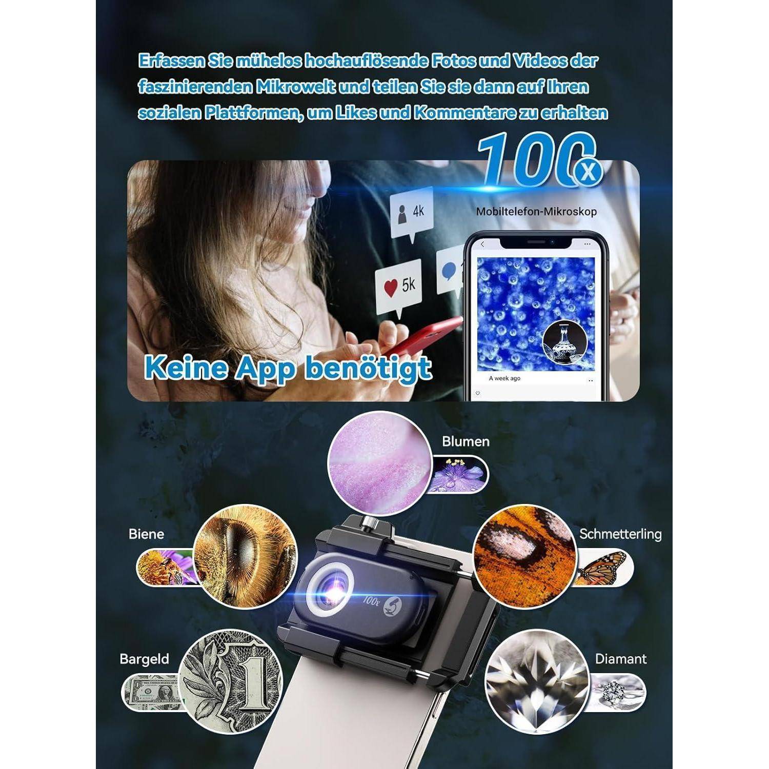 100X Mini-Mikroskop LED für Smartphone Kamera Mikrowelt Entdecken
