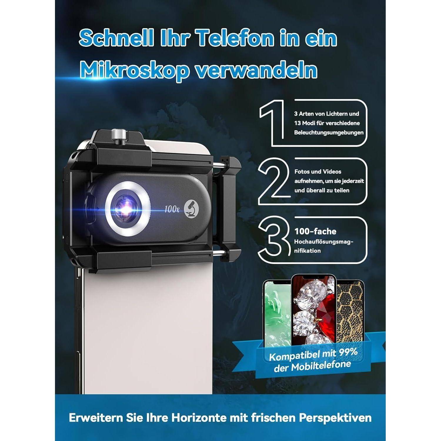 100X Mini-Mikroskop LED für Smartphone Kamera Mikrowelt Entdecken