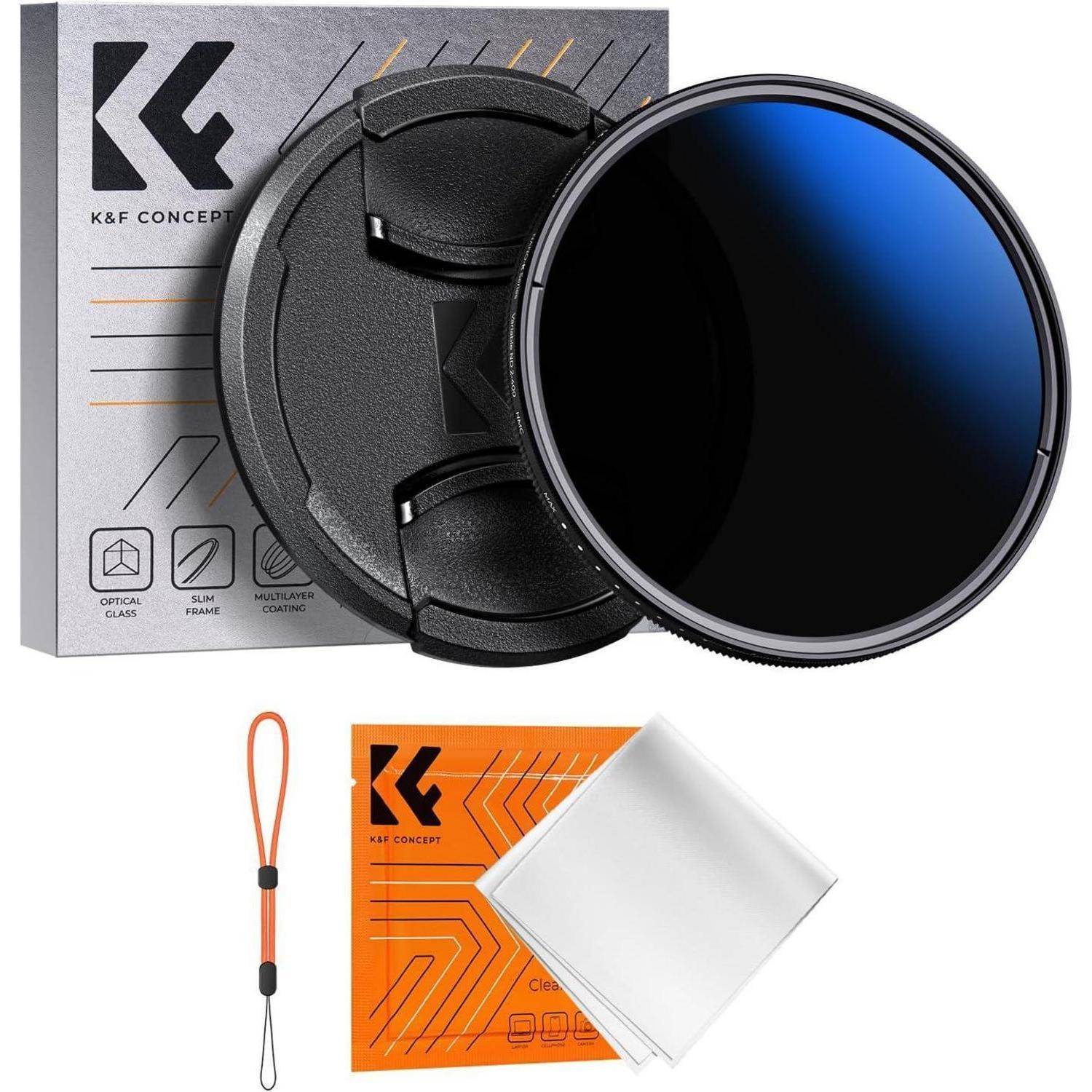 Ein Objektivfilterset von K&F, das einen runden Filter, einen Schutzdeckel, ein Reinigungstuch und ein Handgelenkband umfasst, mit K&F-Branding auf der Verpackung.