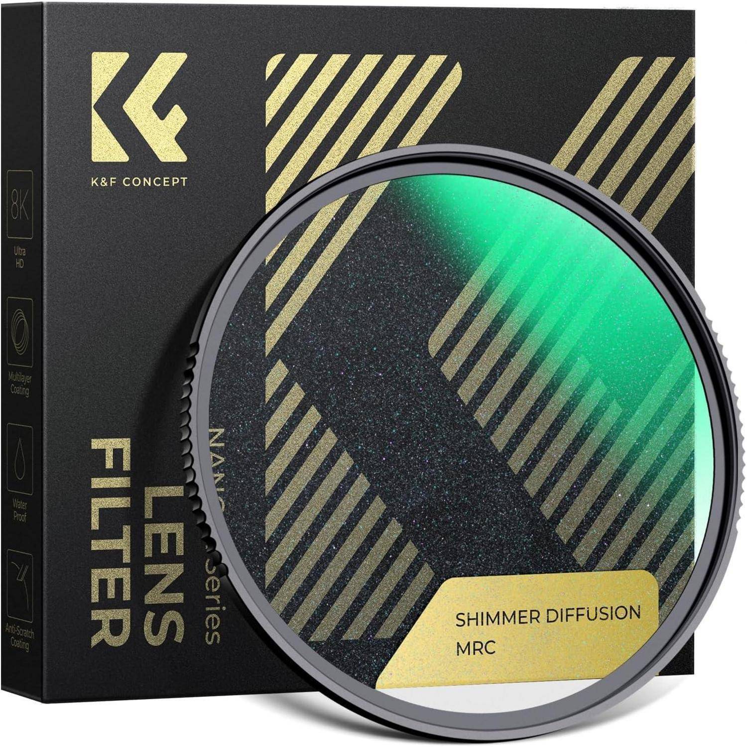 Objektivfilter-Verpackung mit einem runden Filter, der einen grünlichen Schimmereffekt aufweist, mit der Beschriftung 