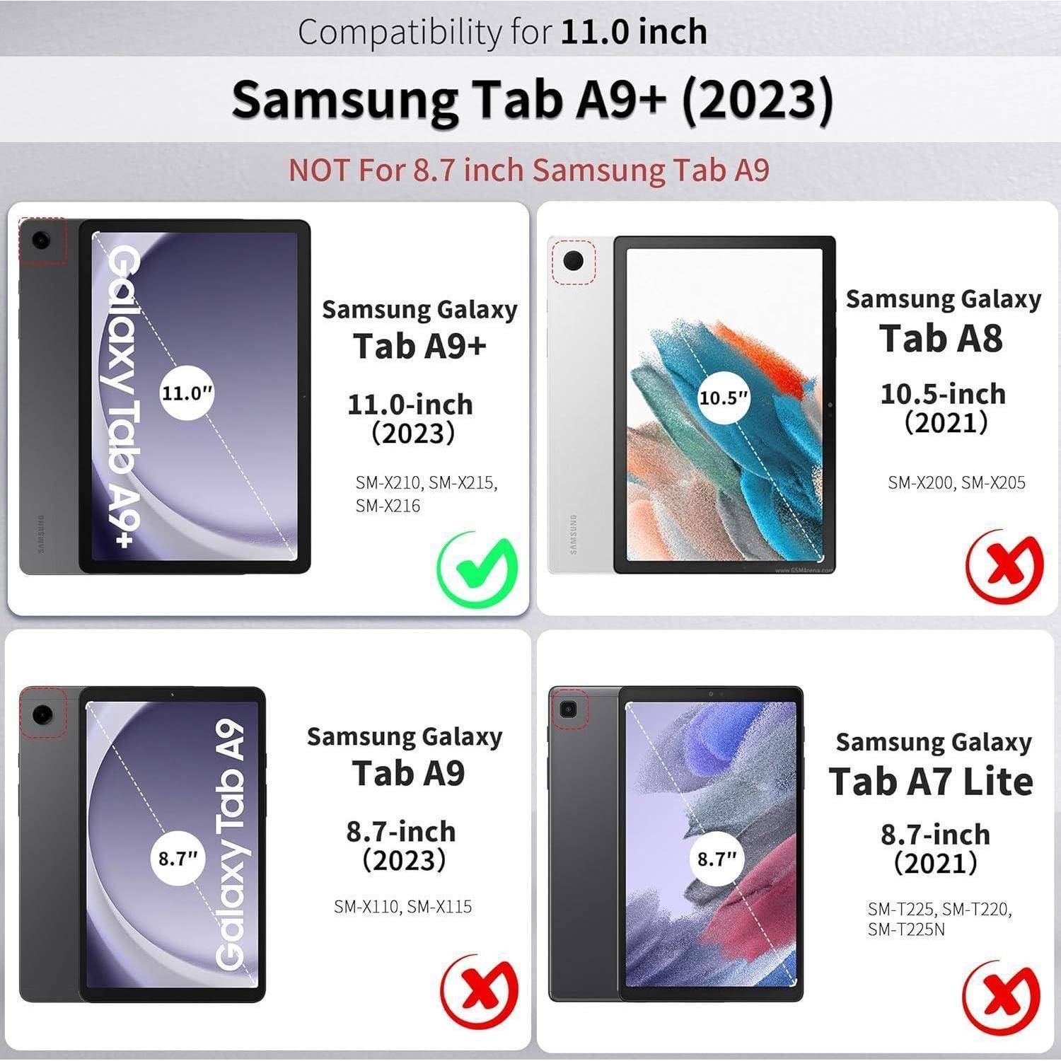 Kompatibilität für Samsung Tab A9+ 11.0 Zoll (2023). Nicht für Samsung Tab A9 mit 8.7 Zoll. Häkchen zeigen kompatible Modelle an; X-Markierungen zeigen inkompatible Modelle an.