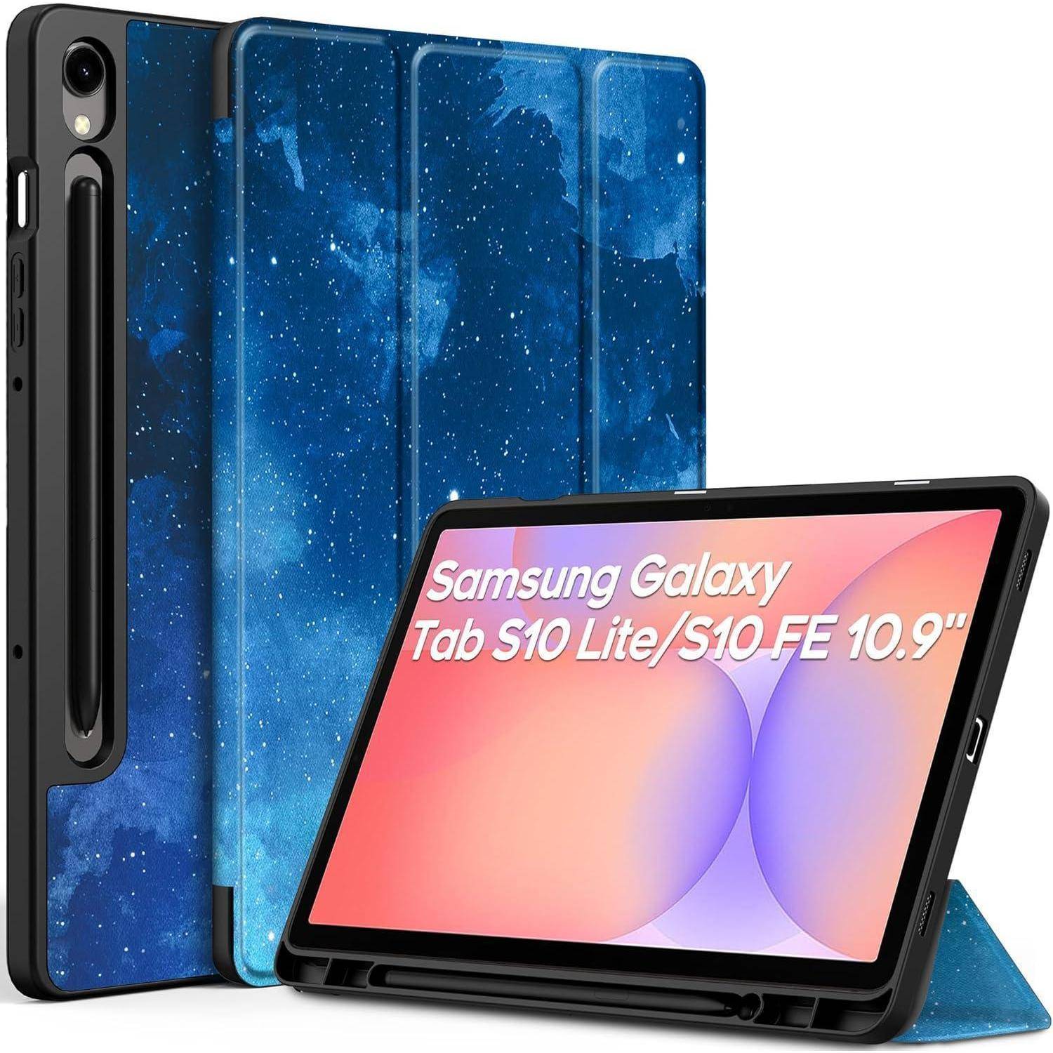 Samsung Galaxy Tab S10 Lite/S10 FE 10,9-Zoll-Tablet mit einer sternenhimmel-thematischen Hülle, die seinen stilvollen Schutzüberzug und Display präsentiert.