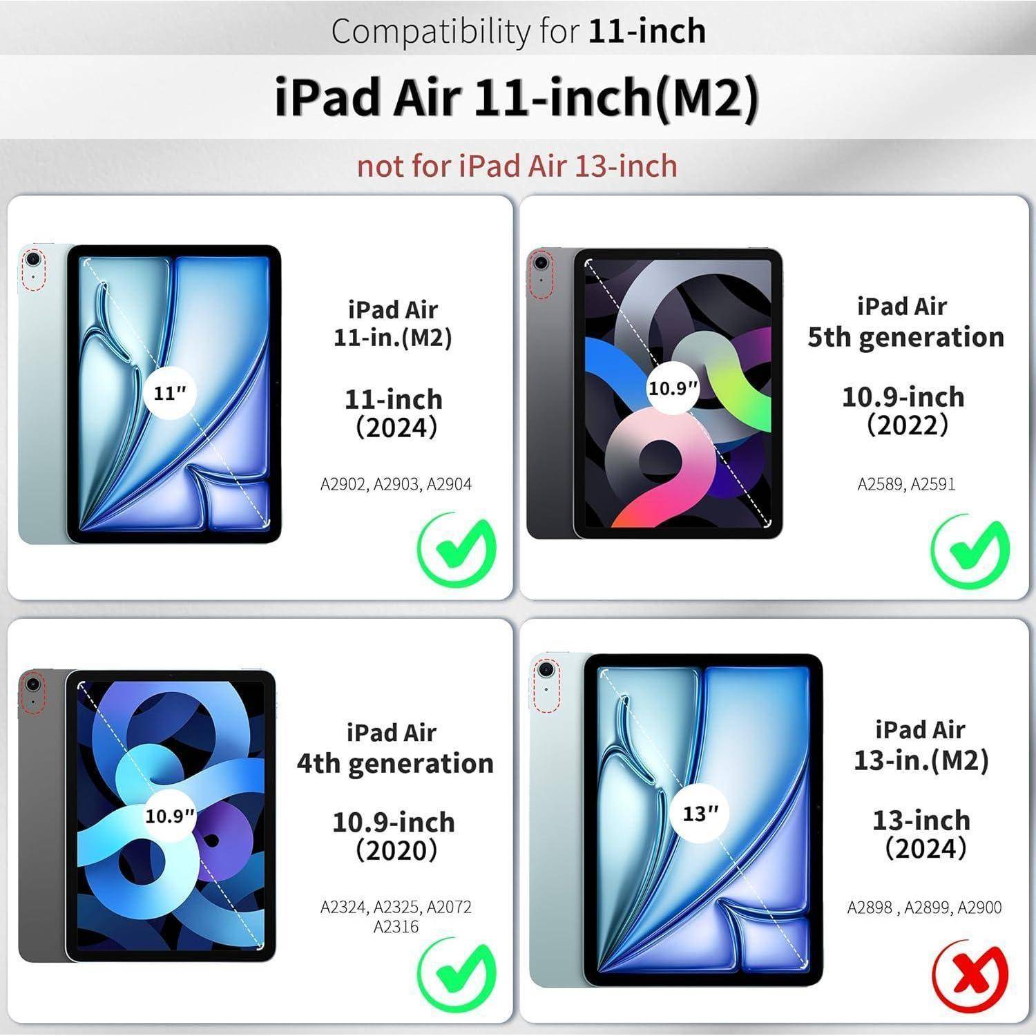Abbildung zeigt kompatible iPad-Modelle für die 11-Zoll (M2) Größe: 'iPad Air 11 Zoll (M2)', 'iPad Air 5. Generation' und 'iPad Air 4. Generation'. Das 'iPad Air 13 Zoll (2024)' ist nicht kompatibel.