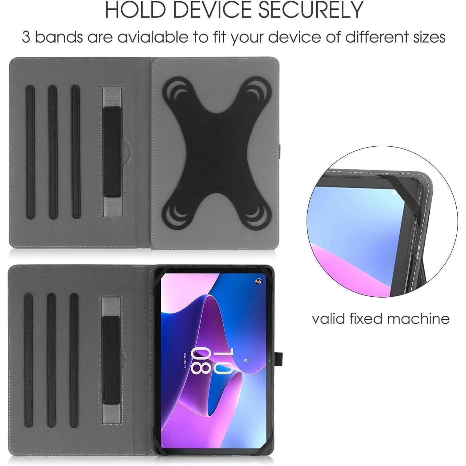 Tablet-Hülle mit elastischen Bändern zur Befestigung verschiedener Gerätegrößen, geöffnet und mit einem Tablet im Inneren dargestellt. Einschub zeigt eine Nahaufnahme des Eckbandes.
