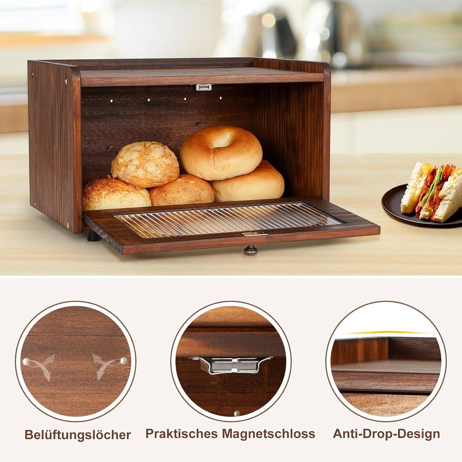 Holz Brotkasten mit Magnetisch Acryltür Brotbox Küche 36.5x23.5x22cm