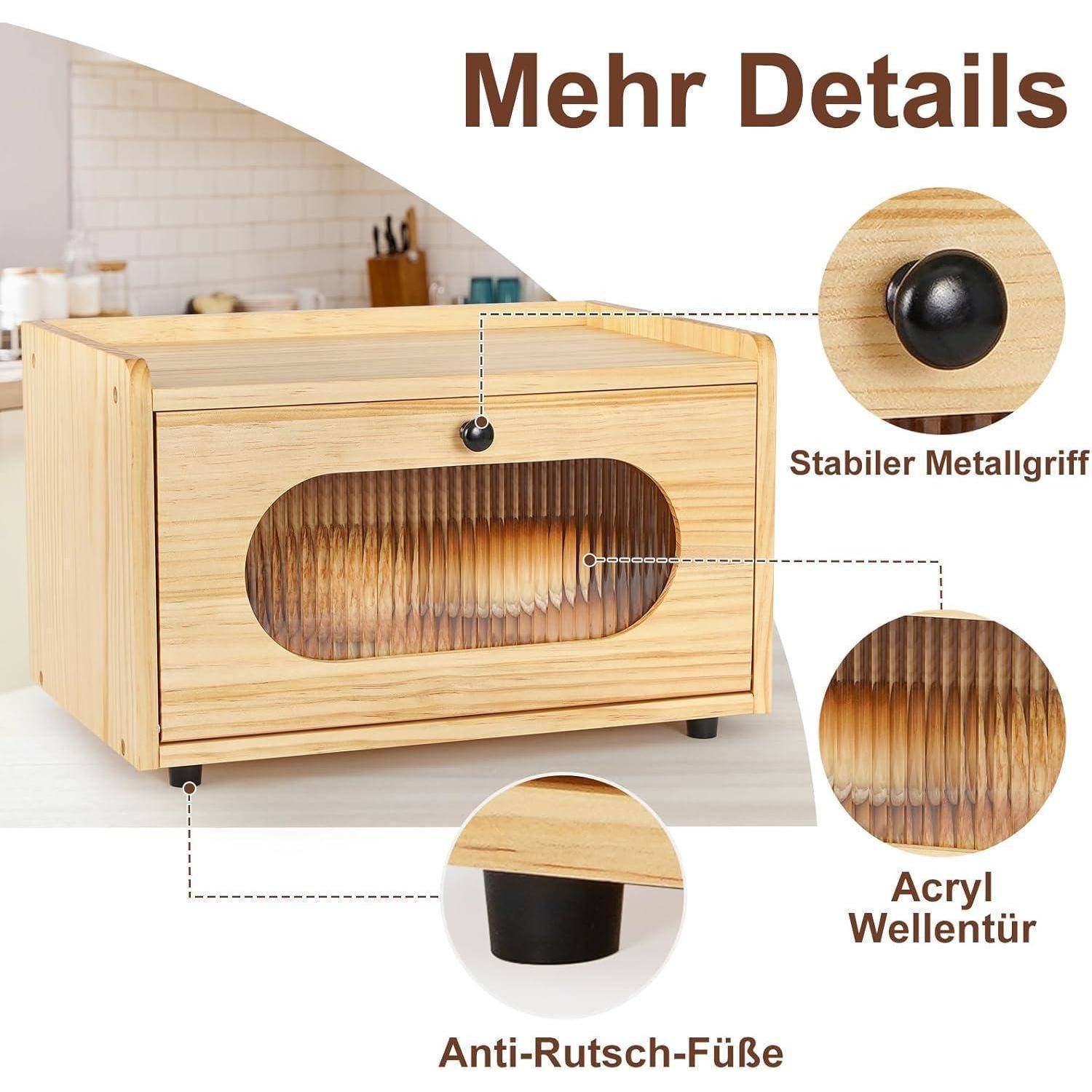 Holz Brotkasten mit Magnetisch Acryltür Brotbox Küche 36.5x23.5x22cm