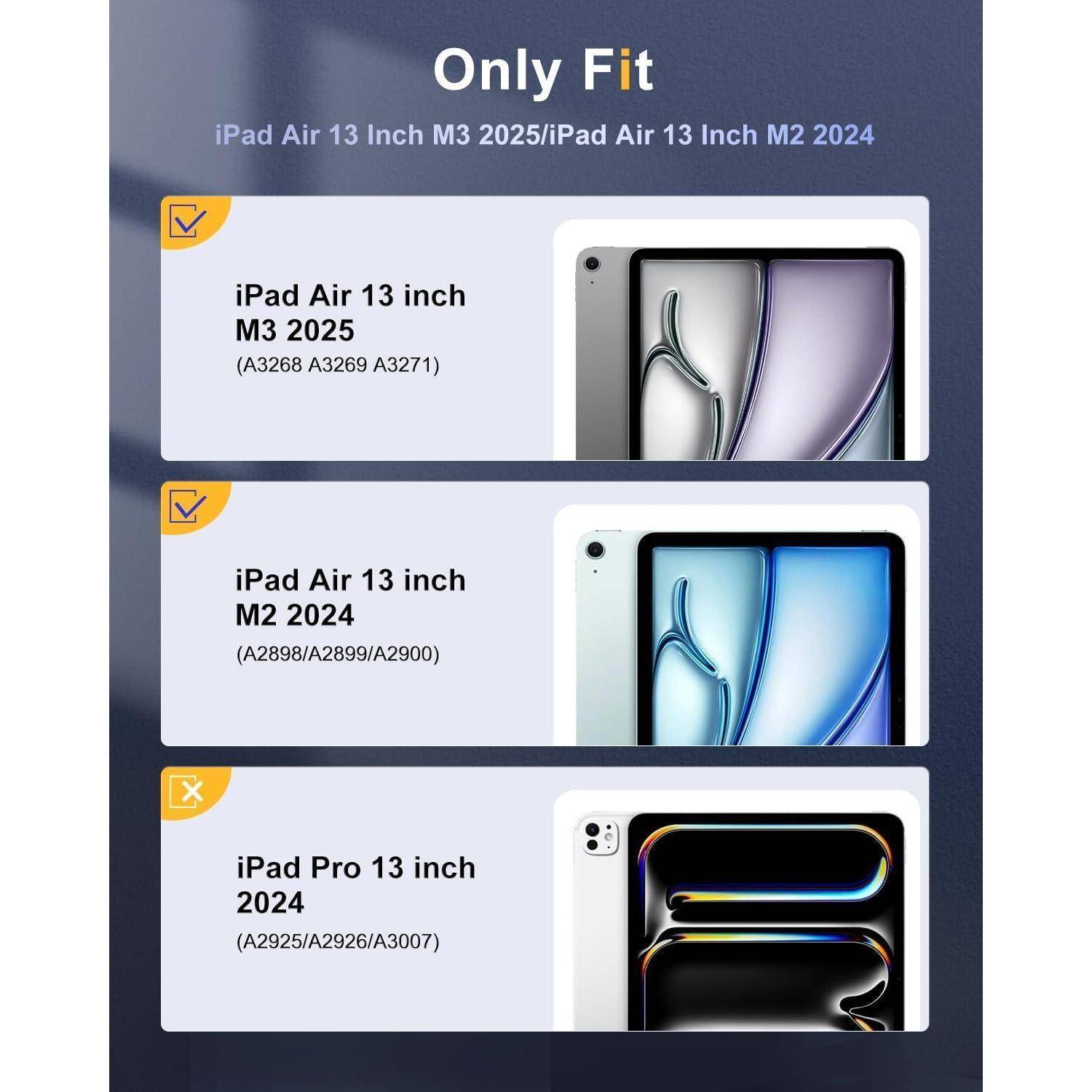 Nur passend für: iPad Air 13 Zoll M3 2025 (A3268/A3271), iPad Air 13 Zoll M2 2024 (A2898/A2900), iPad Pro 13 Zoll 2024 (A2952/A3007).