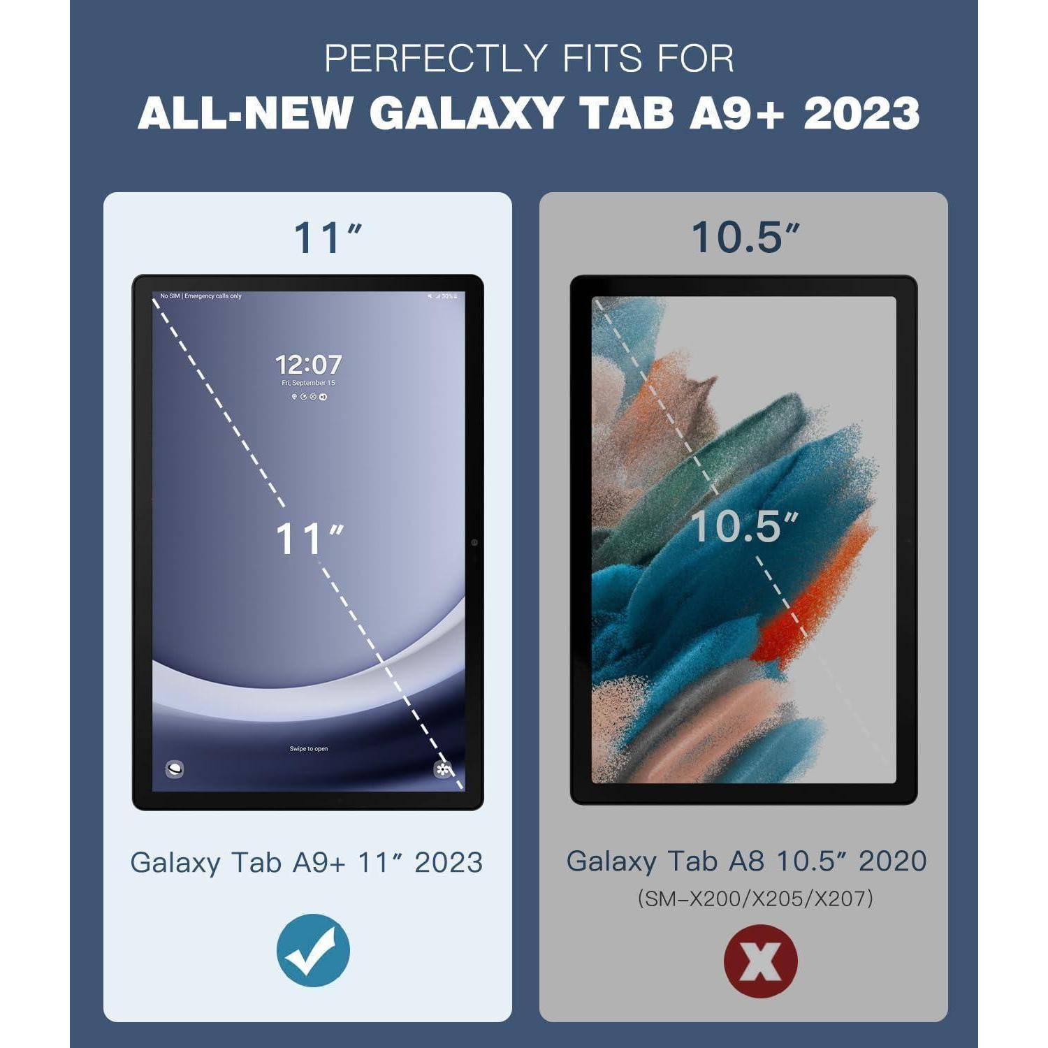 Vergleich des Galaxy Tab A9+ 11" aus dem Jahr 2023 mit dem Modell A8 10,5"" aus dem Jahr 2020, mit Hervorhebung der Größenunterschiede. A9+ verfügt über ein 11-Zoll-Display; A8 über ein 10,5-Zoll-Display.