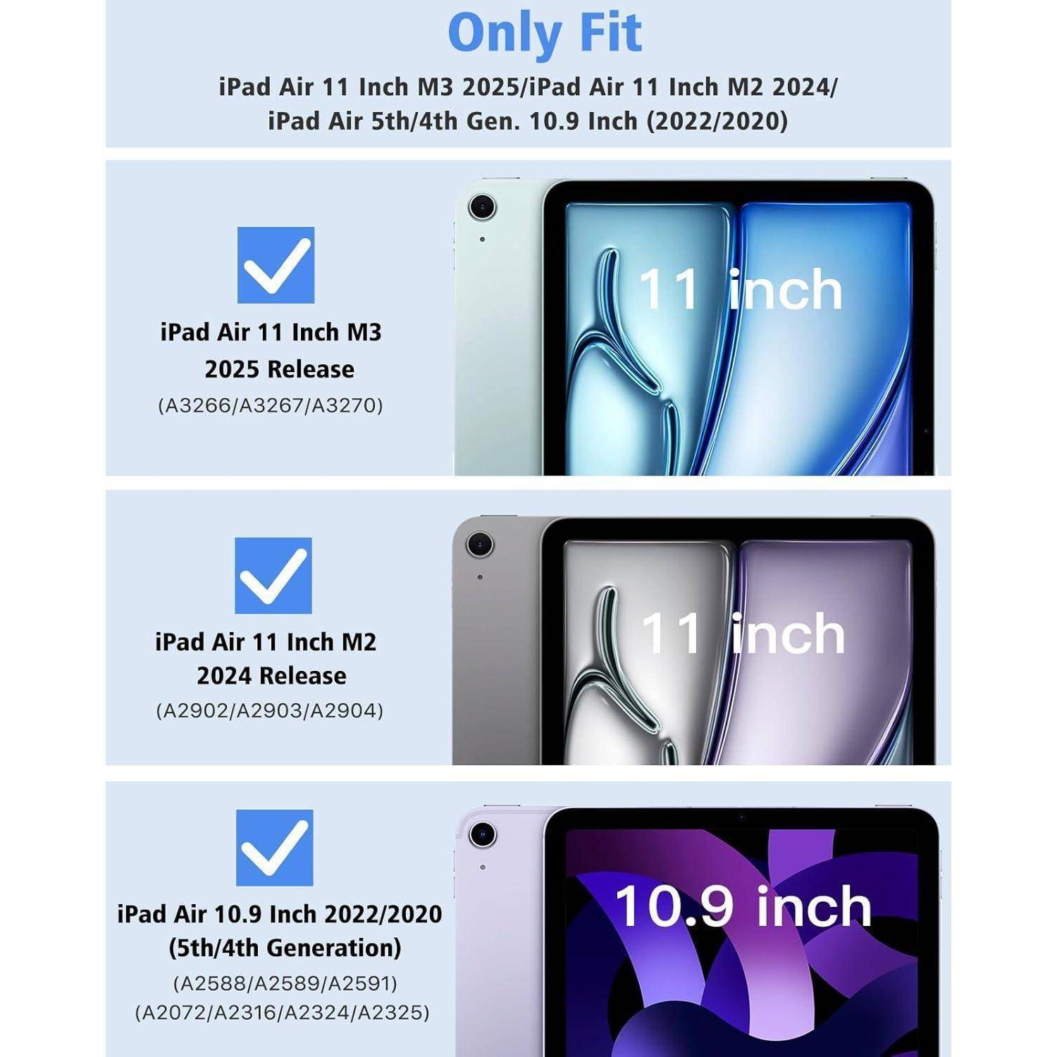 Vergleichsbild mit drei iPad-Modellen, die mit bestimmten iPad Air-Modellen kompatibel sind: M3 2025, M2 2024 und 10,9 Zoll 2022/2020, die jeweils Unterschiede in Bildschirm- und Randdesign zeigen.