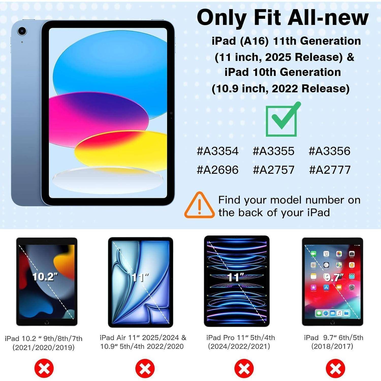 iPad-Kompatibilitätsanleitung mit Modellen A3334, A3355, A3356, A2696, A2757, A2777. Enthält Abbildungen von kompatiblen und nicht kompatiblen iPads.