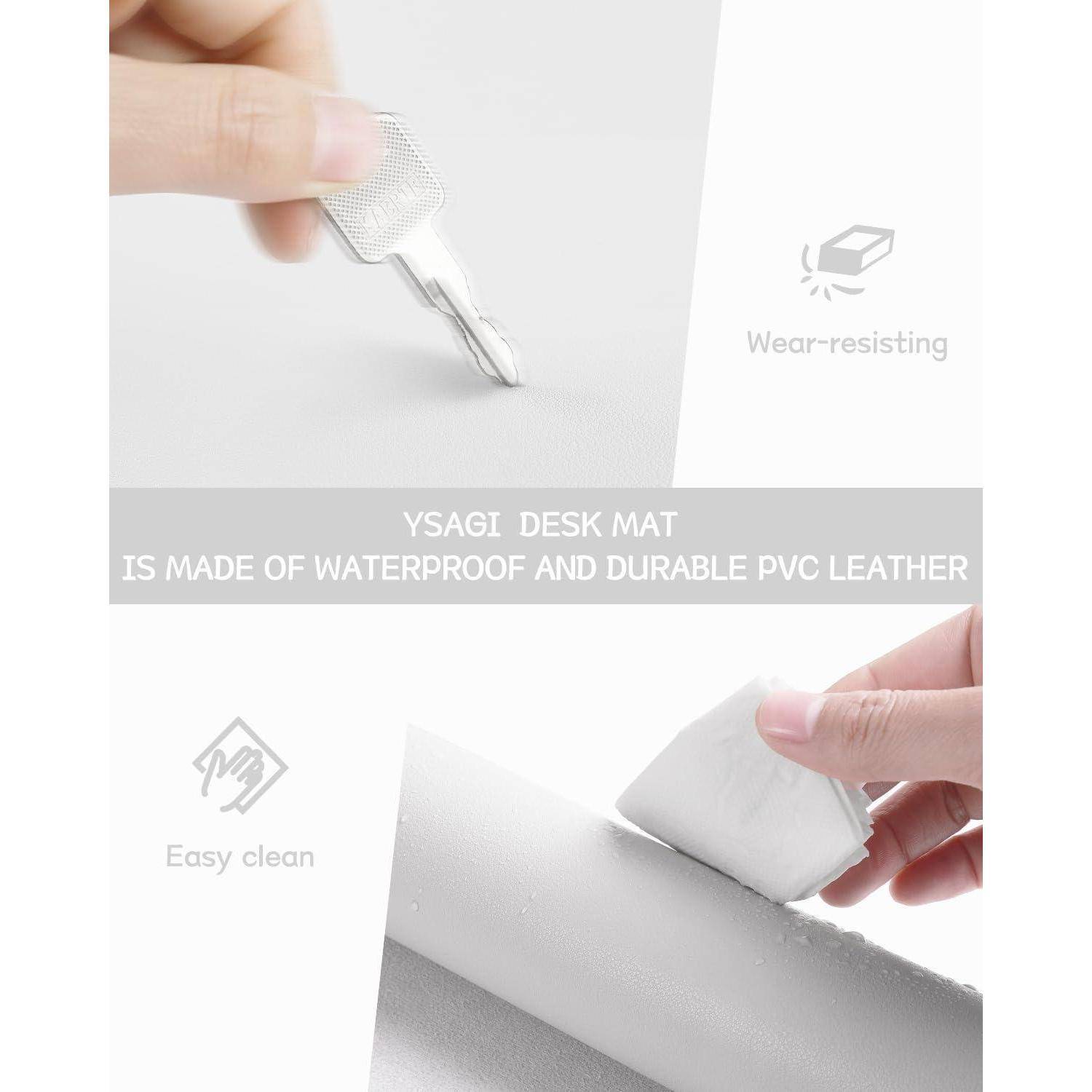 Eine Hand drückt einen Schlüssel auf einer Schreibtischunterlage und zeigt deren Verschleißfestigkeit. Eine andere Hand wischt über die Unterlage und demonstriert ihre leichte Reinigbarkeit und wasserdichten PVC-Ledereigenschaften.