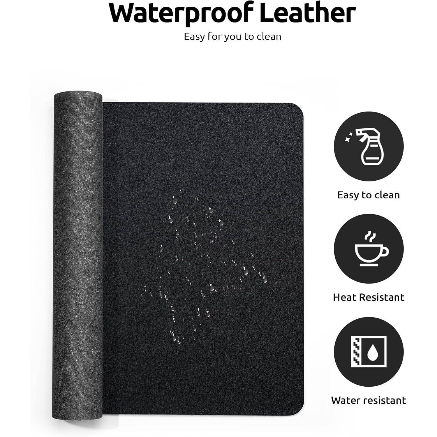 Schwarze wasserdichte Ledermatte mit 'Waterproof Leather' Text darüber. Merkmale mit Icons und Text: 'Leicht zu reinigen', 'Hitzebeständig', 'Wasserabweisend'.