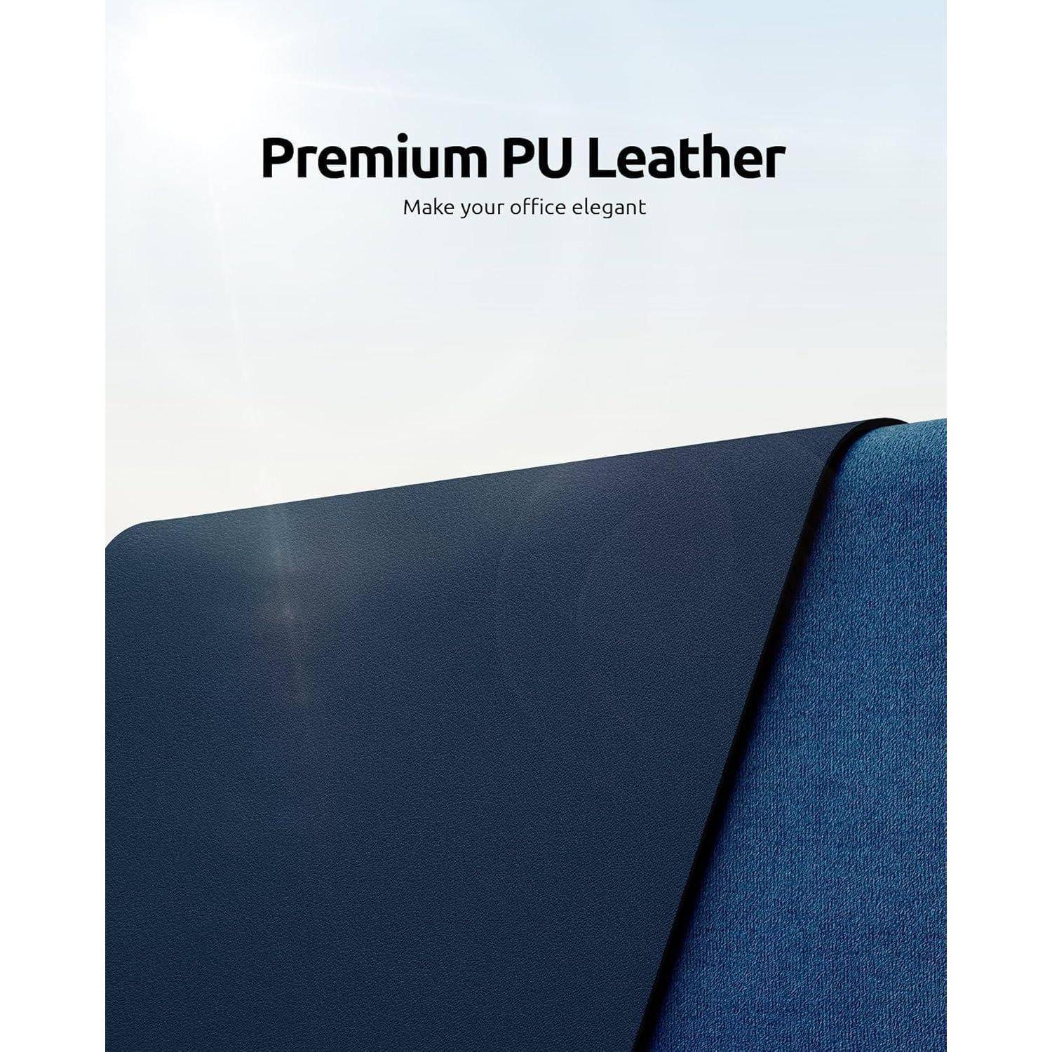 Eine blaue Schreibtischunterlage mit dem Aufdruck 'Premium PU Leder'.