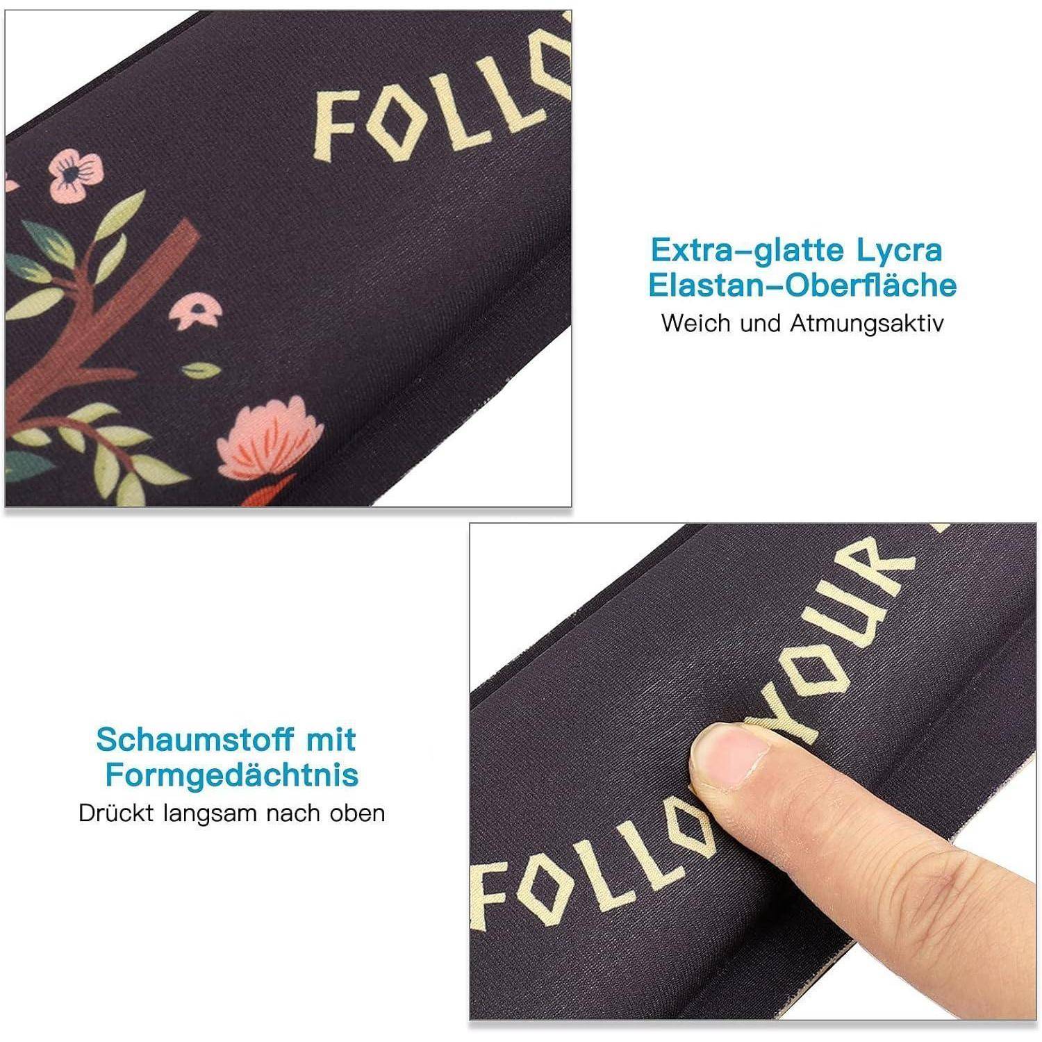 Bild zeigt Nahaufnahmen einer Yogamatte. Ein Bereich hebt die besonders glatte Lycra-Elastan-Oberfläche hervor, die weich und atmungsaktiv ist. Ein anderer Bereich präsentiert Schaum mit langsamer Rückstellung und demonstriert die Rückkehr in die Ausgangsposition durch Fingerdruck.