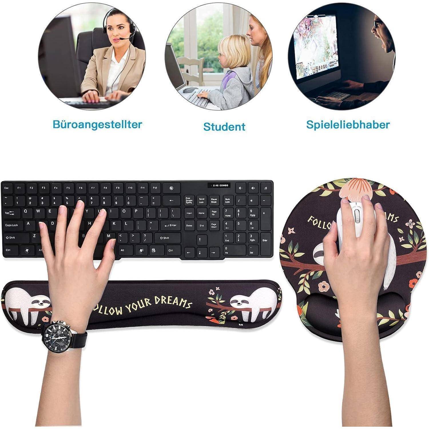 Büroangestellter', 'Student', 'Spieleliebhaber' über den Bildern zeigen verschiedene Computernutzer. Hände, die tippen und einen Mauspad mit dem Design 'Folge Deinen Träumen' verwenden.