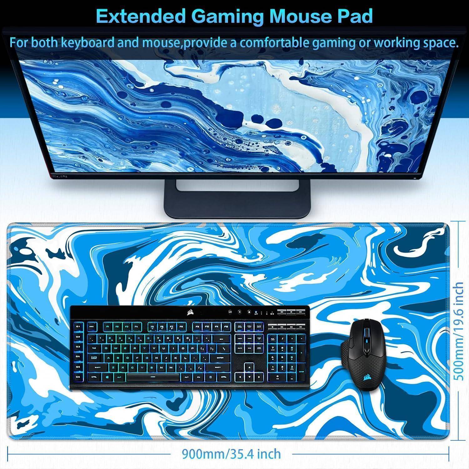 Gaming Mauspad XXL 900x500x3mm Fluid Art groß Vernähte Kanten