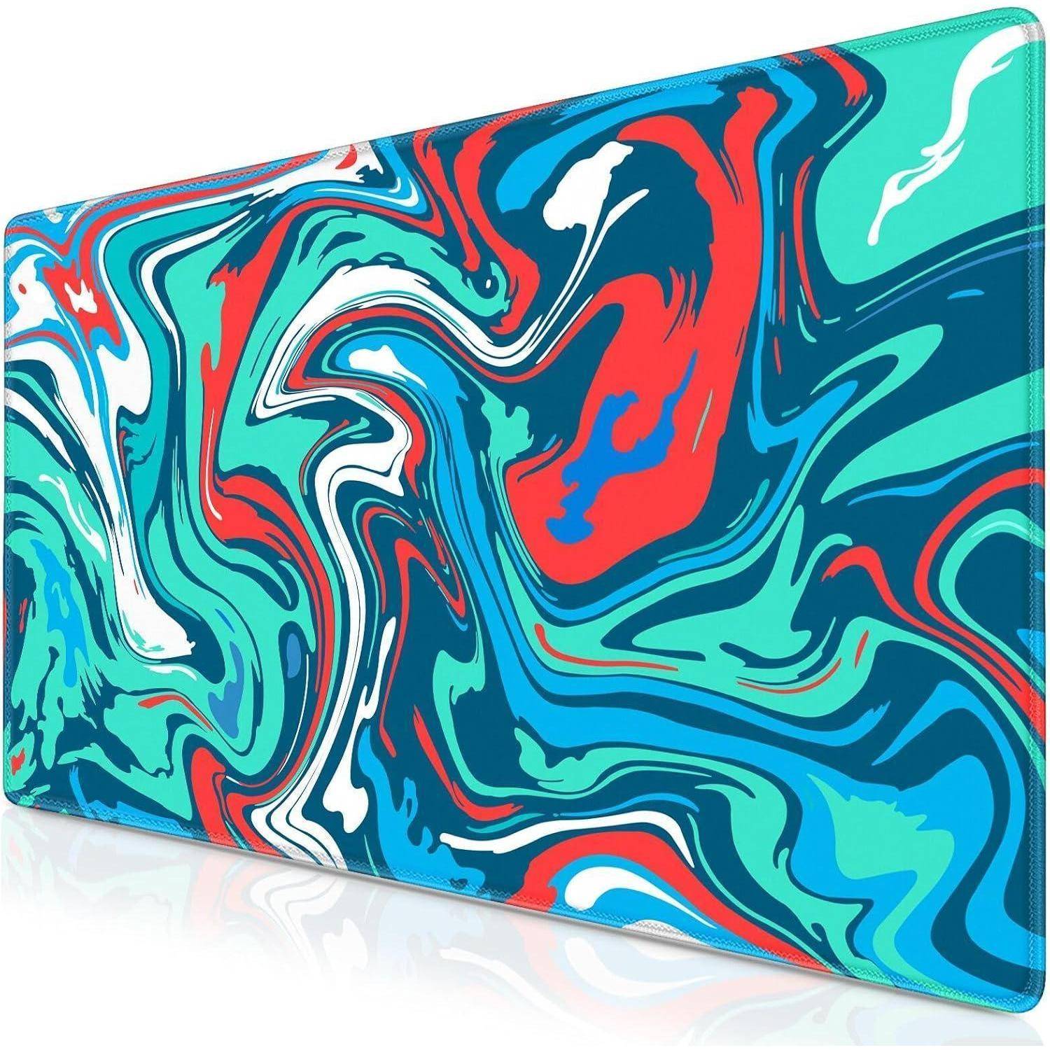 Großes Gaming Mauspad XXL 900 x 400mm Blau-Rot Fluid Kunst vernähte