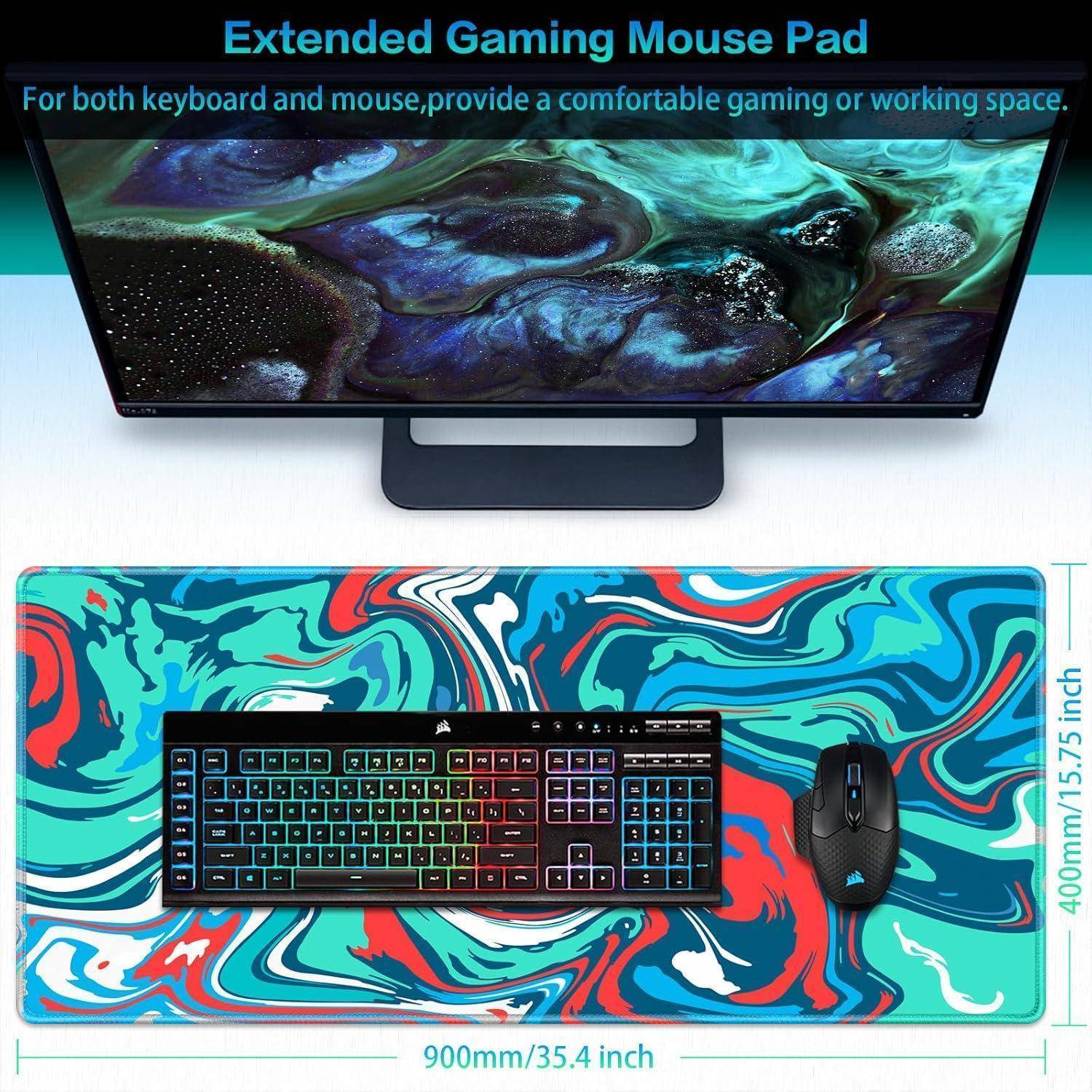 Großes Gaming Mauspad XXL 900 x 400mm Blau-Rot Fluid Kunst vernähte