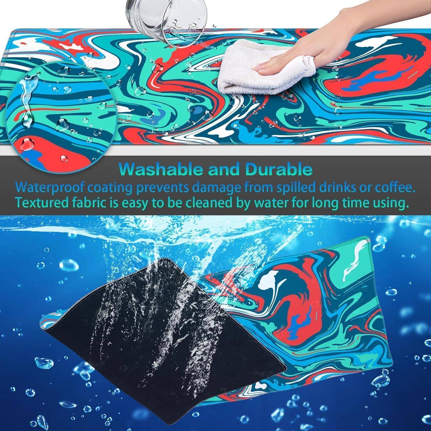 Großes Gaming Mauspad XXL 900 x 400mm Blau-Rot Fluid Kunst vernähte