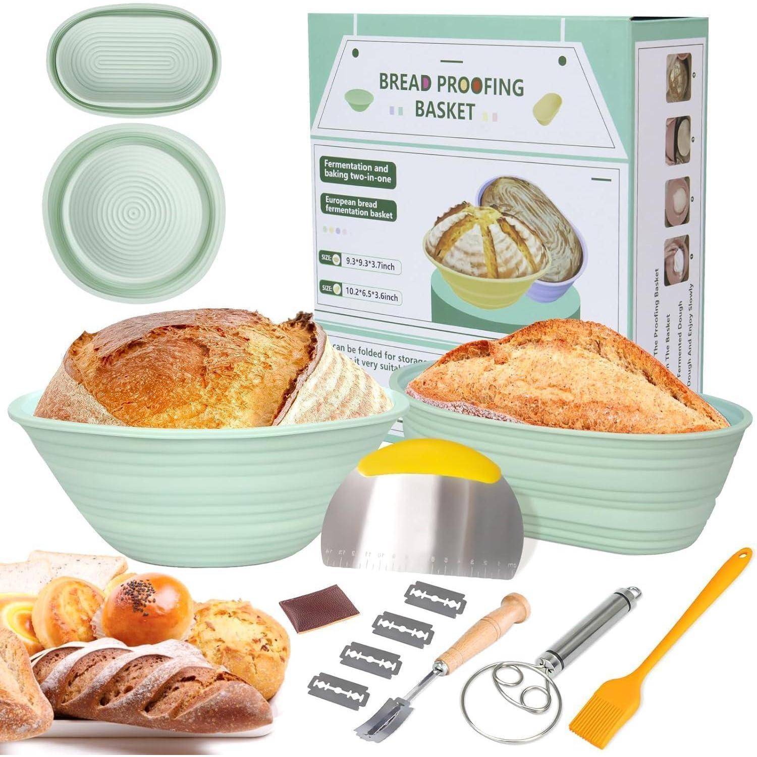 Silikon Gärkorb Set 9 Zoll rund & 10 Zoll oval, Sauerteig Starterkit
