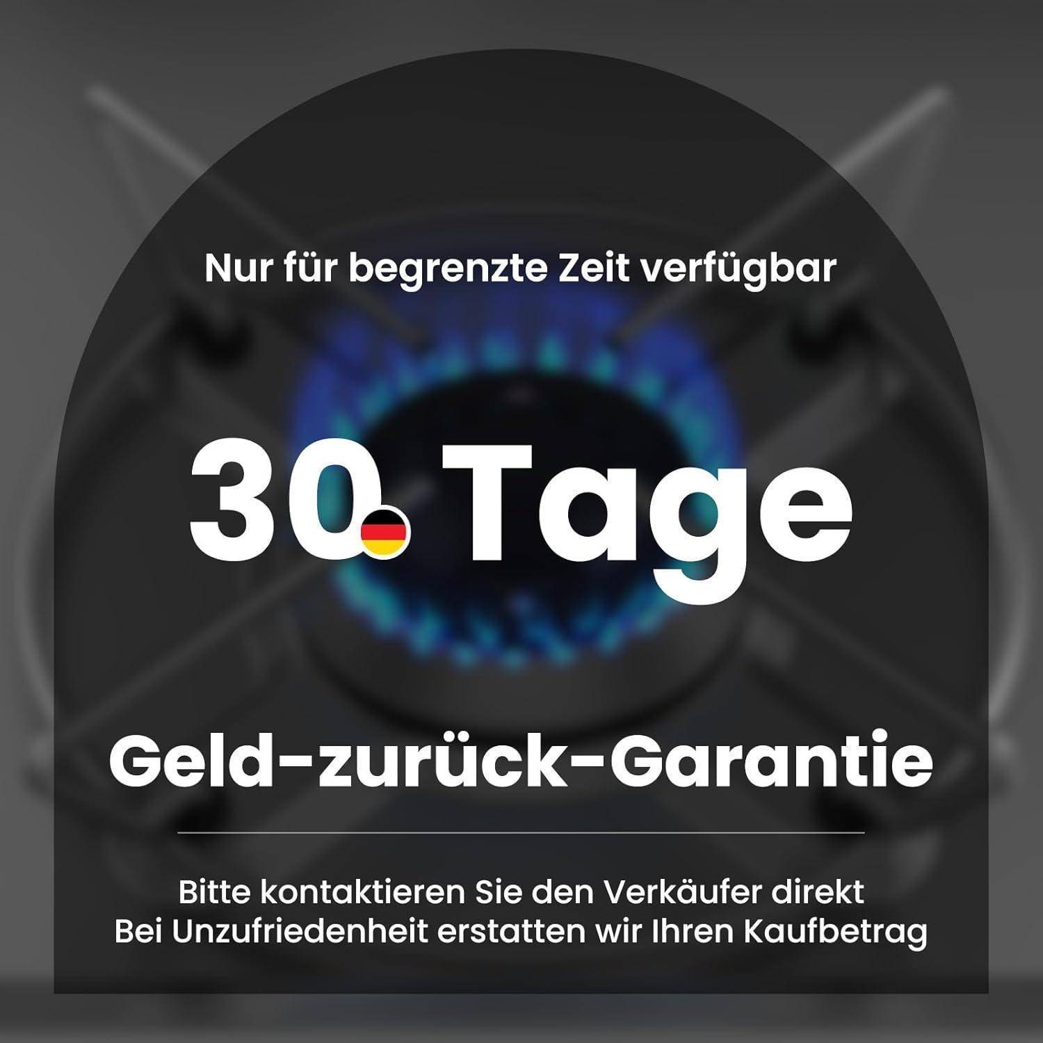 30 Tage Geld-zurück-Garantie', auf Gasherd Brenner Hintergrund, bietet Rückerstattung an; Produkt ist für eine begrenzte Zeit verfügbar.