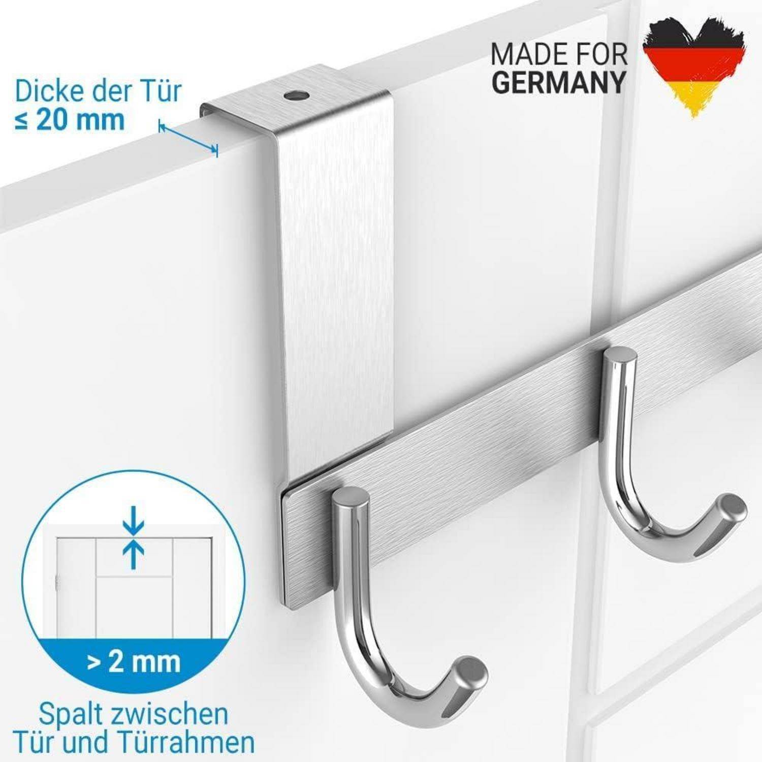 Metallhaken zum Aufhängen von Gegenständen über Türen, mit einem 2 mm breiten Spalt. Geeignet für Türen bis zu 20 mm Dicke. Gekennzeichnet mit 'Made for Germany'.