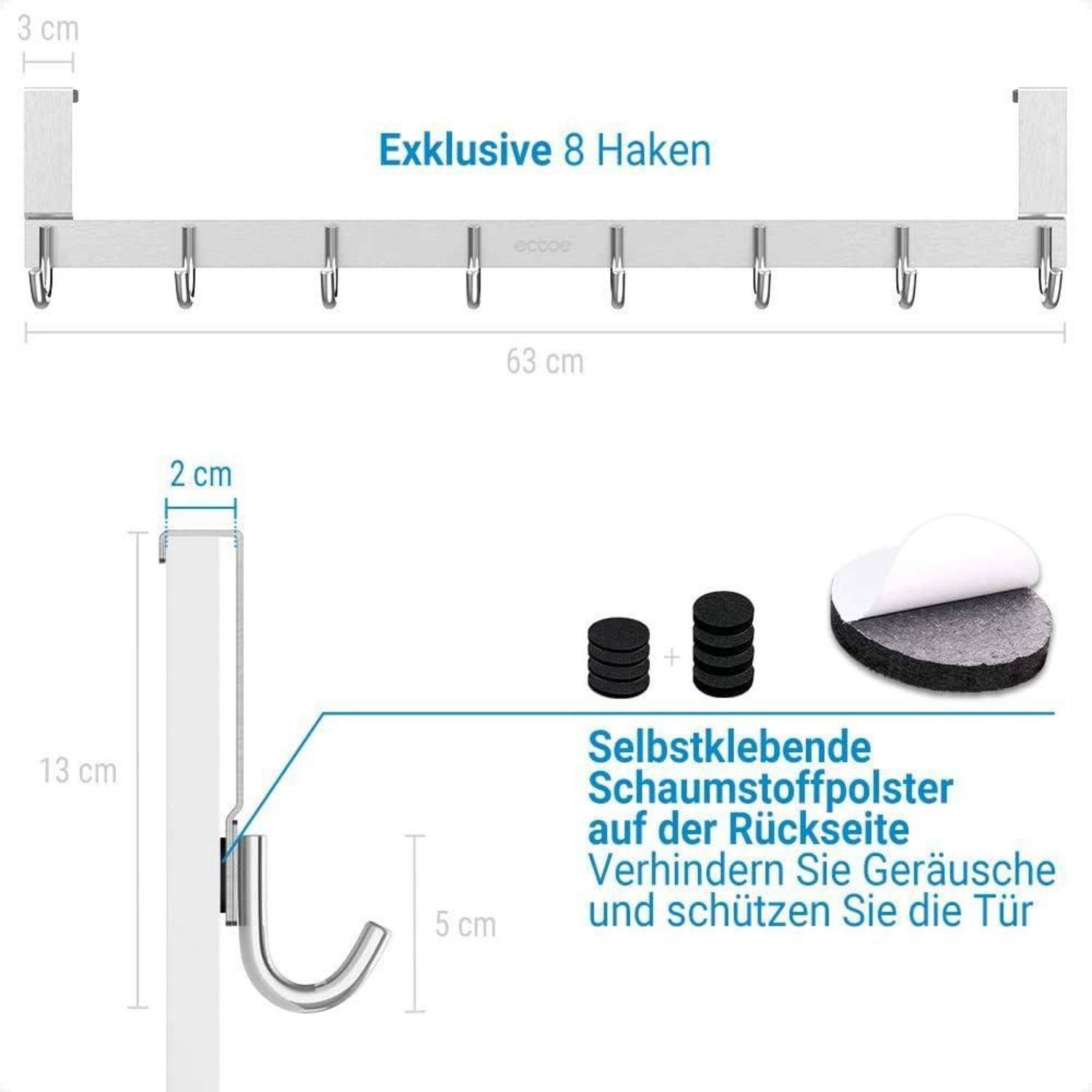 Garderobenleiste mit 8 Haken, 63 cm breit, mit Dämpfungspads zur Geräuschreduzierung. Abmessungen: 3 cm tief, 13 cm hoch, 5 cm Hakenauskragung.