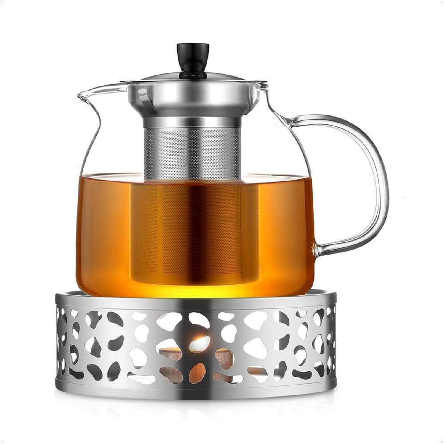 Teekanne mit Stövchen 1000ml Borosilikatglas Edelstahl Teewärmer