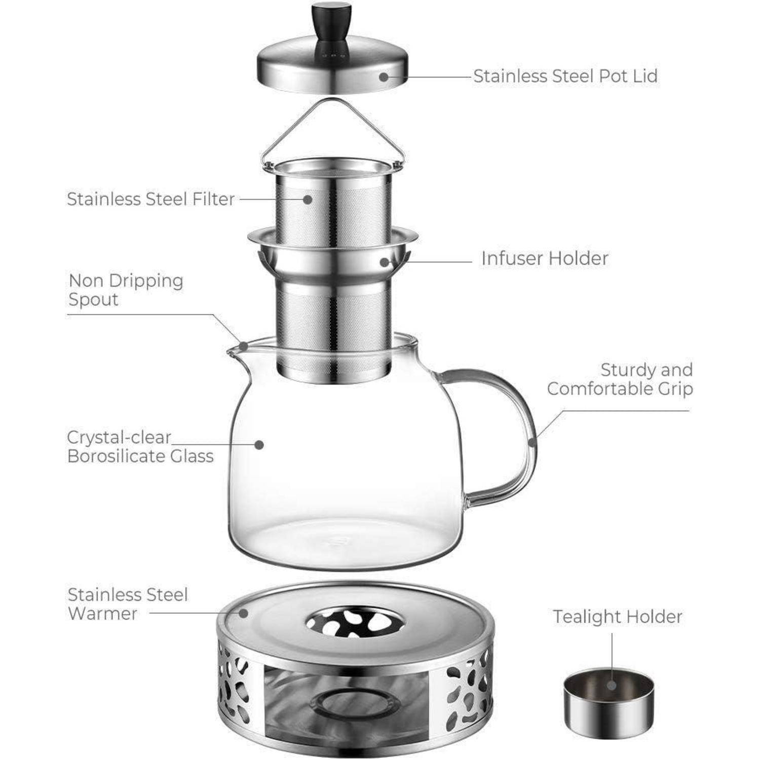 Teekanne mit Stövchen 1000ml Borosilikatglas Edelstahl Teewärmer