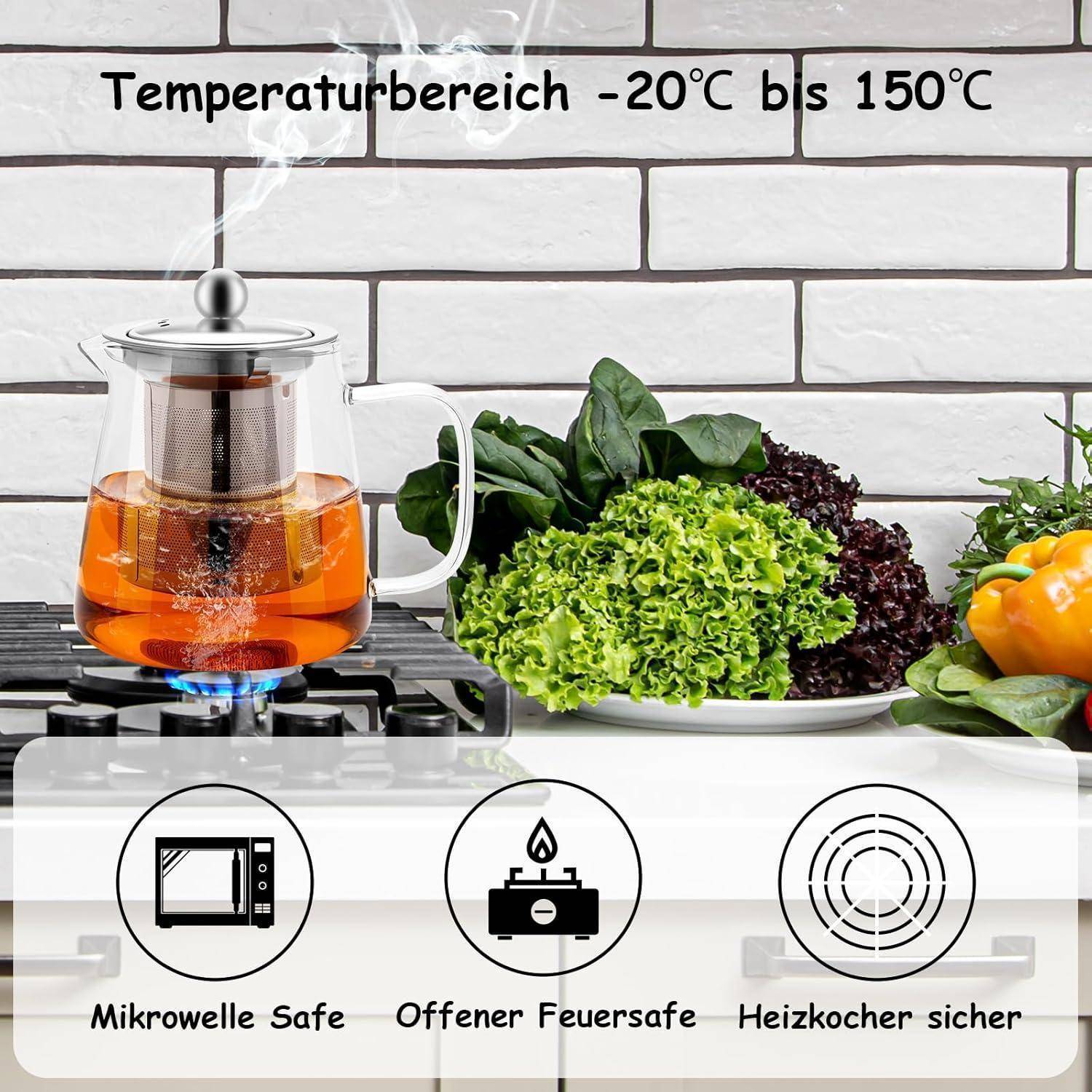 Glaskanne auf einem Herd mit Feuer darunter. Gemüse im Hintergrund. Text auf Deutsch gibt den sicheren Temperaturbereich und Kochmethoden an.
