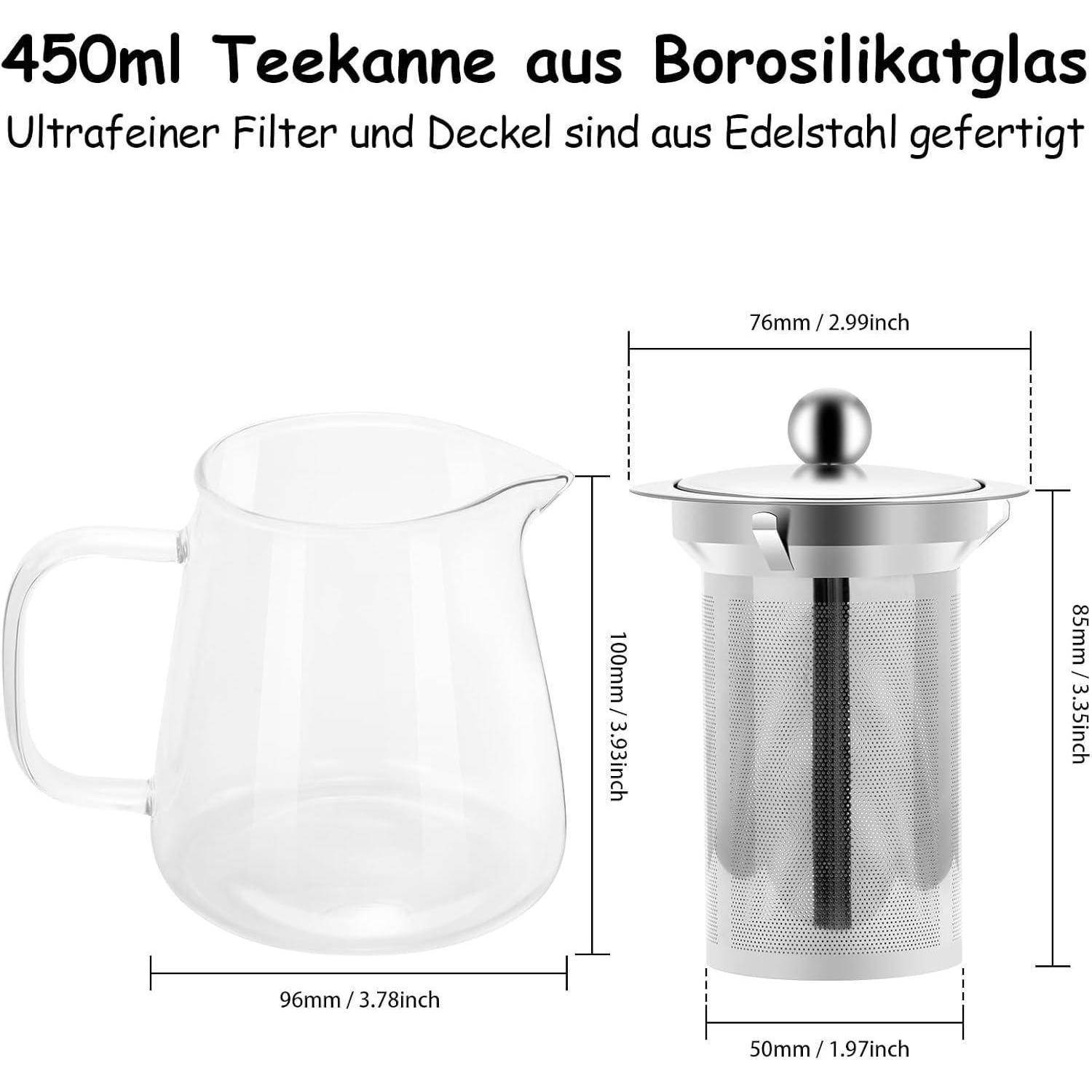450ml Teekanne aus Borosilikatglas' mit Edelstahlfilter und Deckel. Bild zeigt Abmessungen: Kanne (96mm breit, 100mm hoch), Filter (76mm breit, 85mm hoch).
