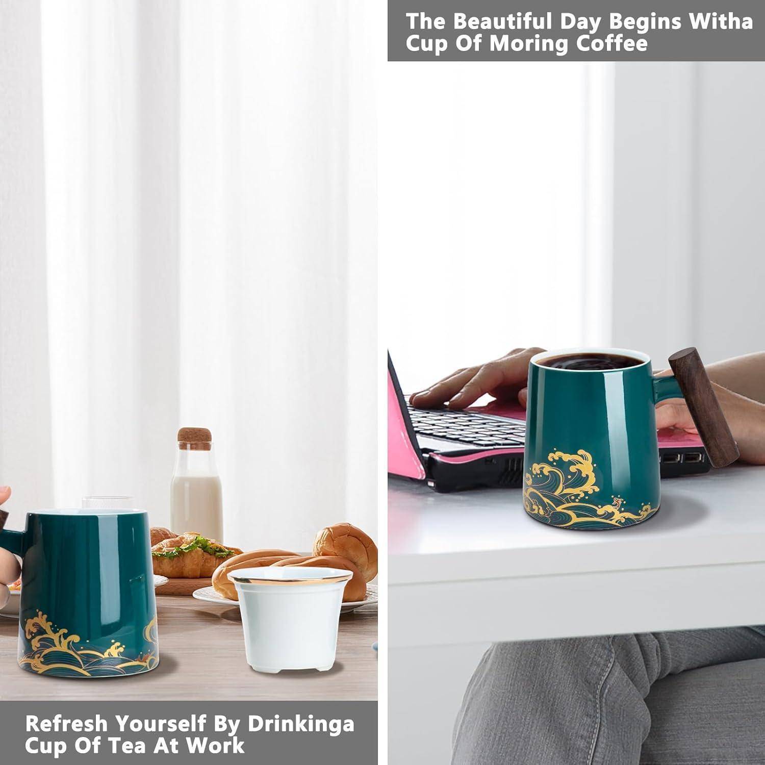 Teetasse 500ml Keramik Becher Sieb Deckel schwarz Elegant für