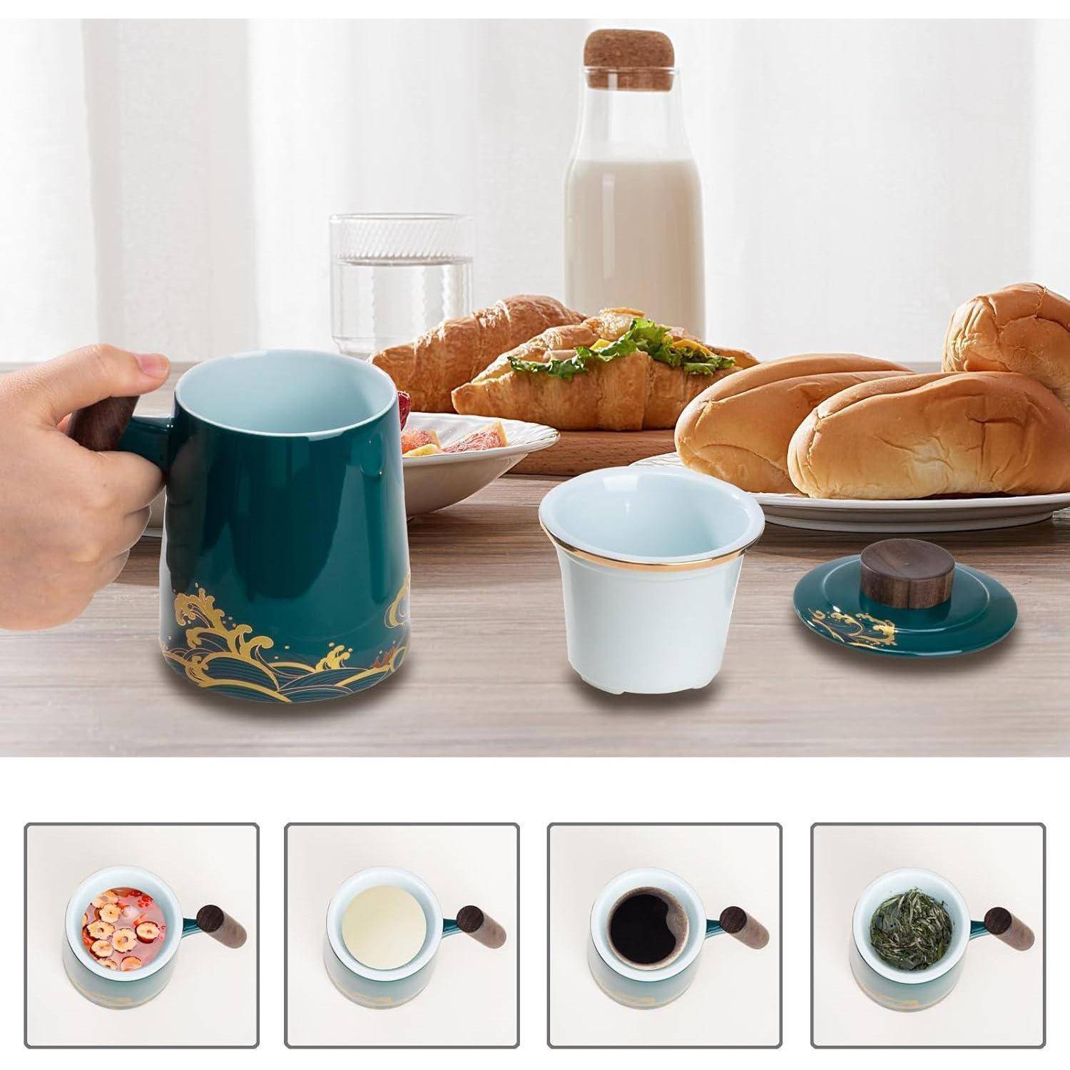 Teetasse 500ml Keramik Becher Sieb Deckel schwarz Elegant für