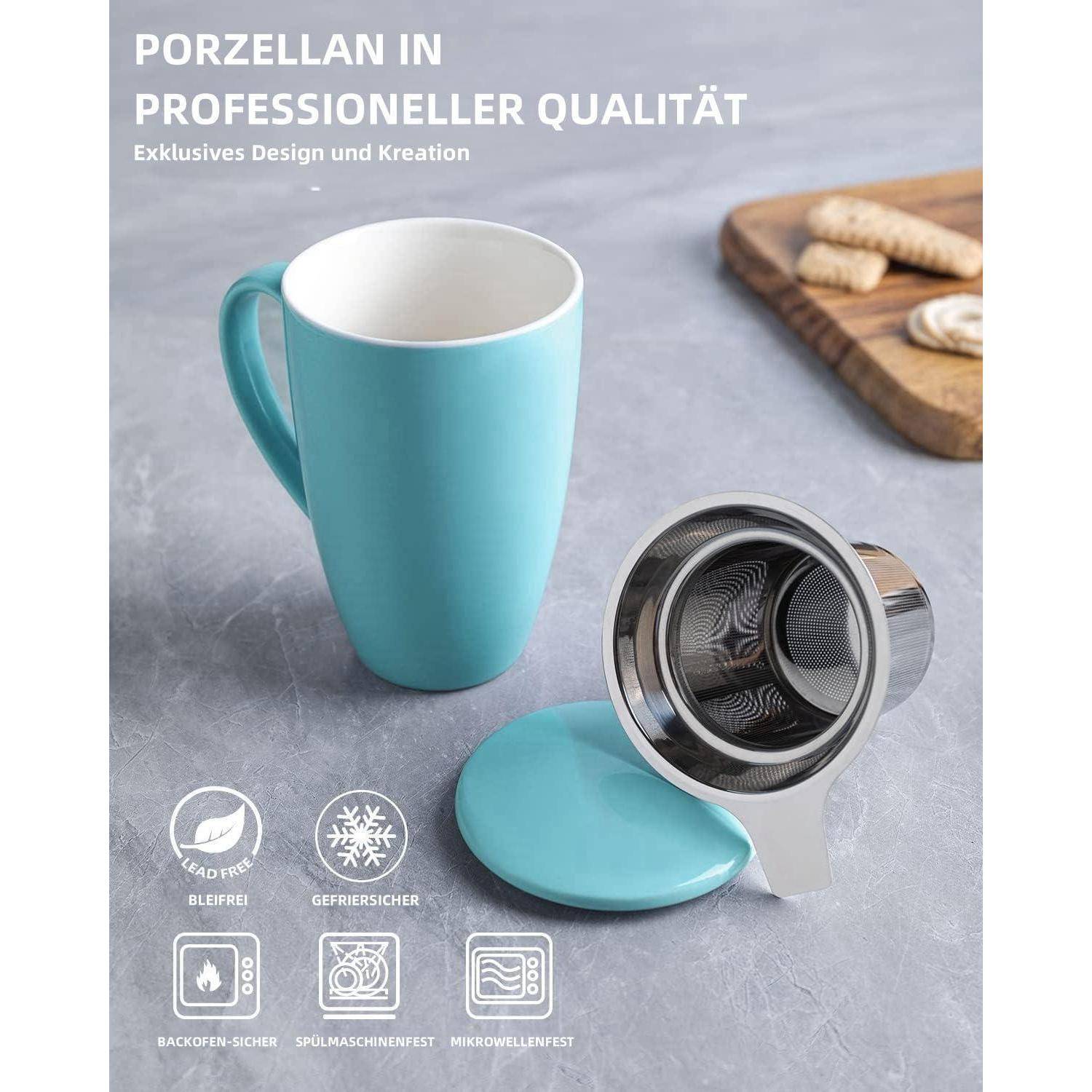 Porzellan Teetasse mit Deckel und Sieb, 450ml, Türkis