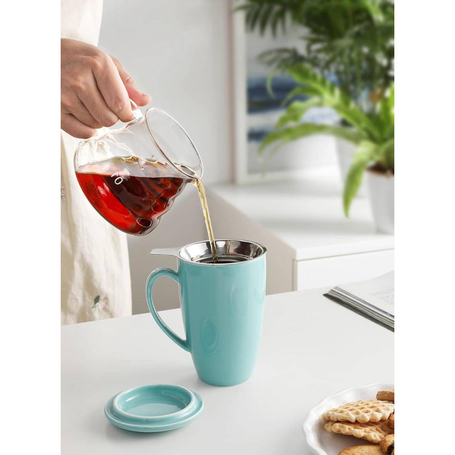 Porzellan Teetasse mit Deckel und Sieb, 450ml, Türkis