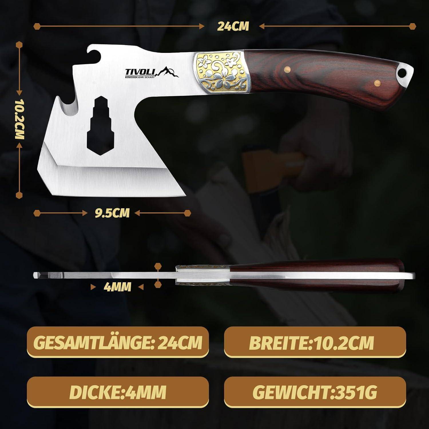 Campingäxte 4 in 1 tragbar Survival Axt Nylonscheide 24cm Holzgriff