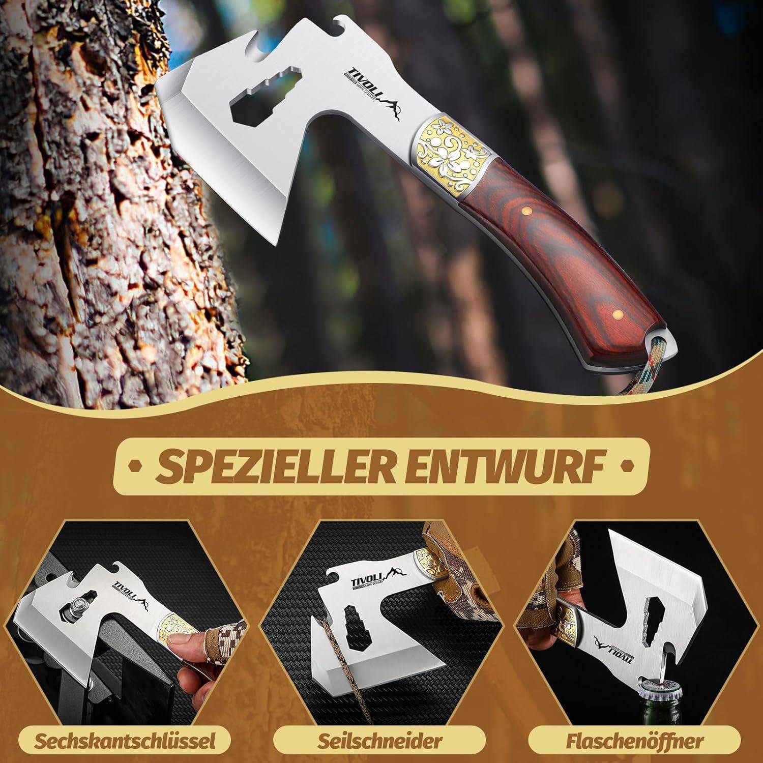 Campingäxte 4 in 1 tragbar Survival Axt Nylonscheide 24cm Holzgriff